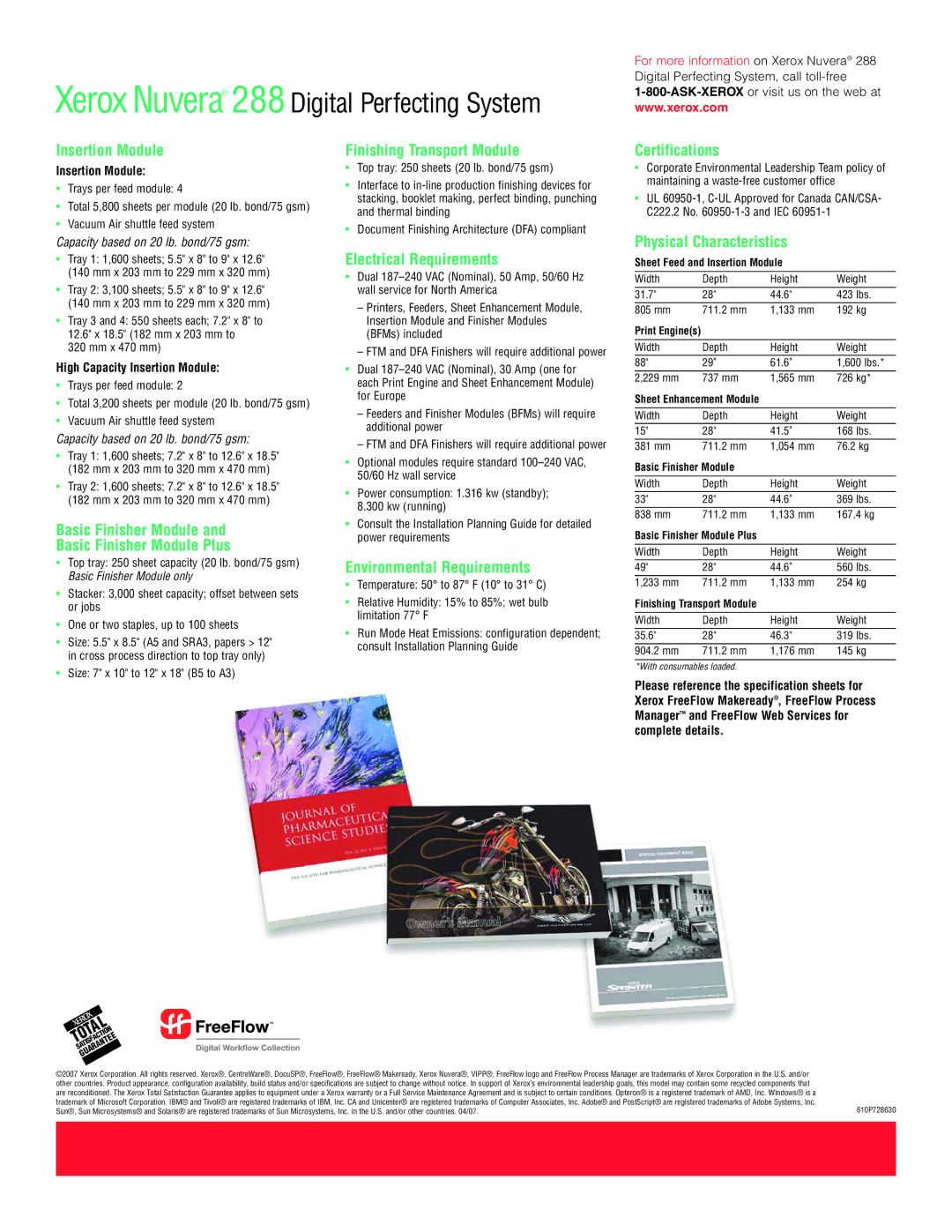 Xerox 288 Insertion Module, Finishing Transport Module, Electrical Requirements, Certifications, Physical Characteristics 