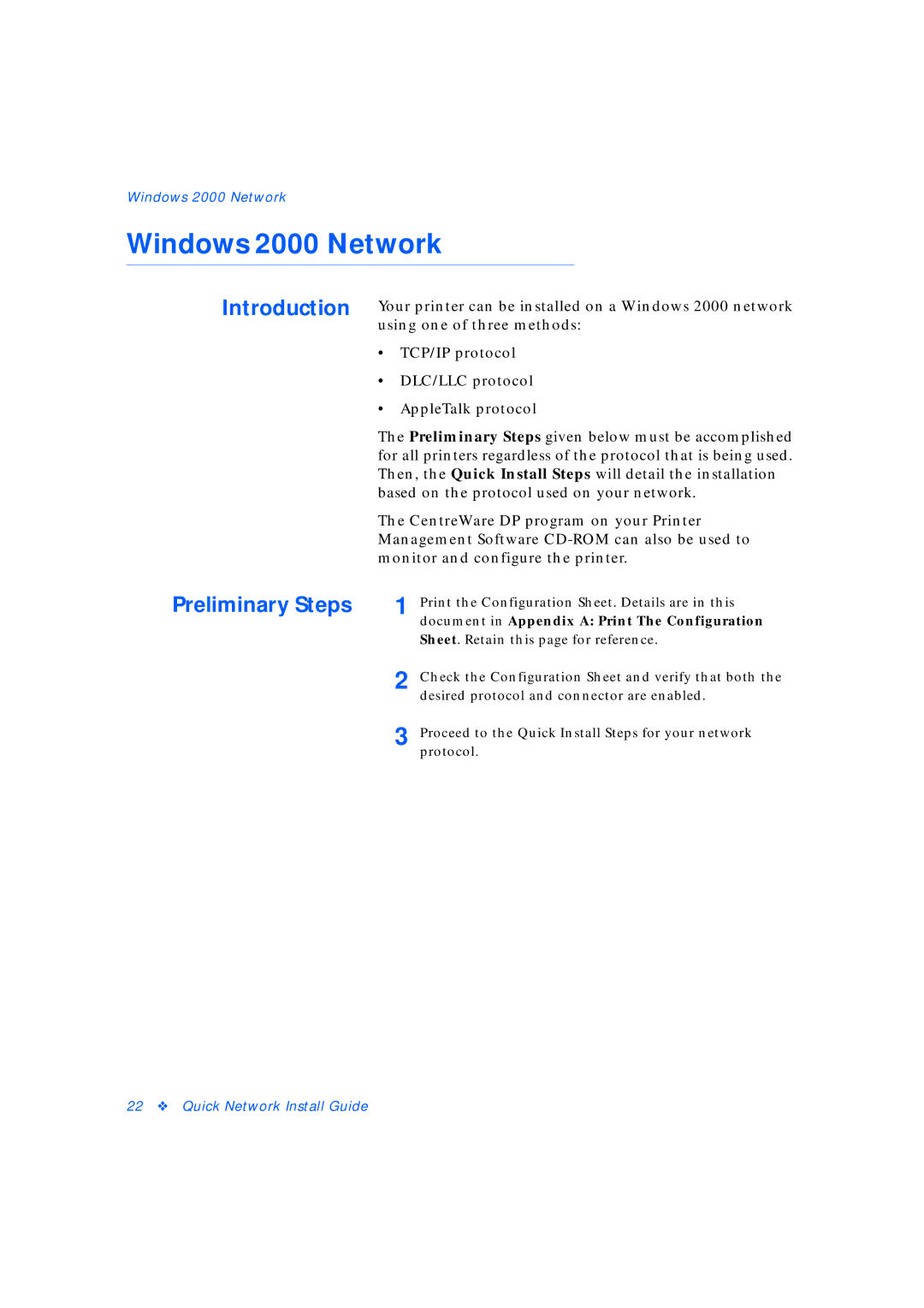 Xerox 3 manual Windows 2000 Network, Introduction Preliminary Steps 