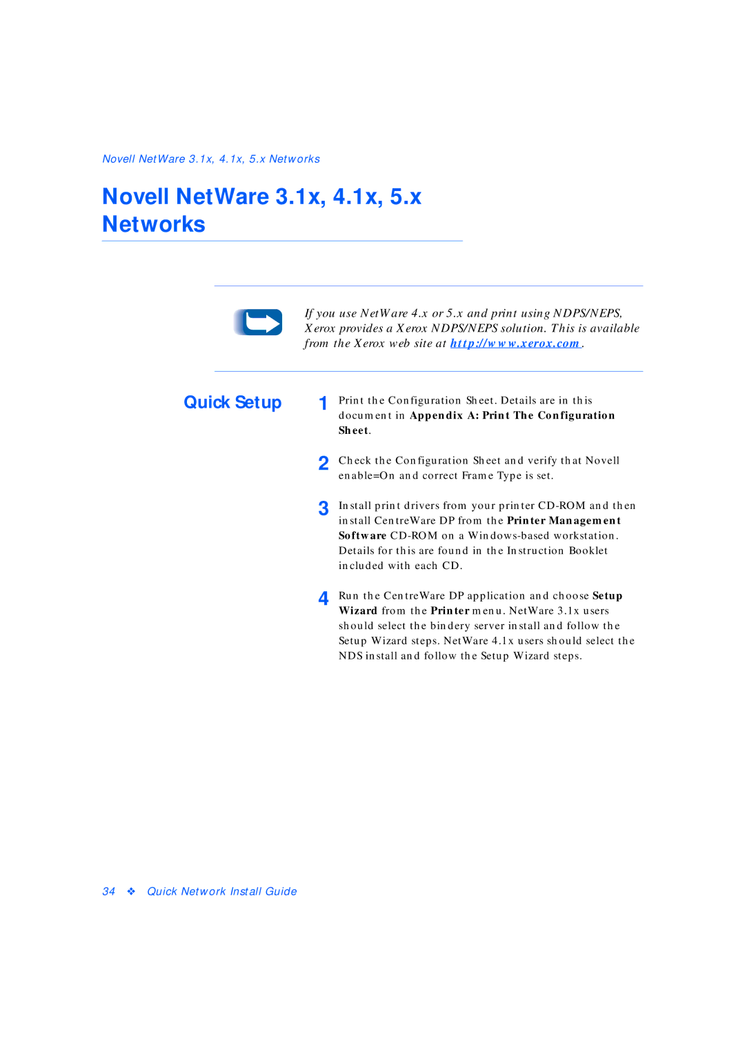 Xerox manual Novell NetWare 3.1x, 4.1x Networks, Quick Setup 