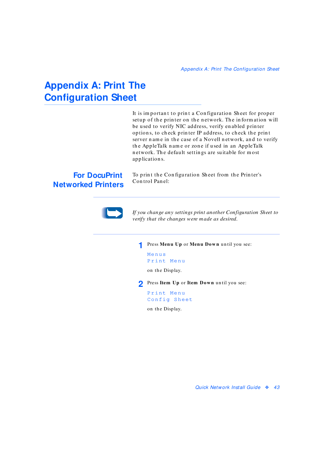 Xerox 3 manual Appendix a Print Configuration Sheet, For DocuPrint Networked Printers 