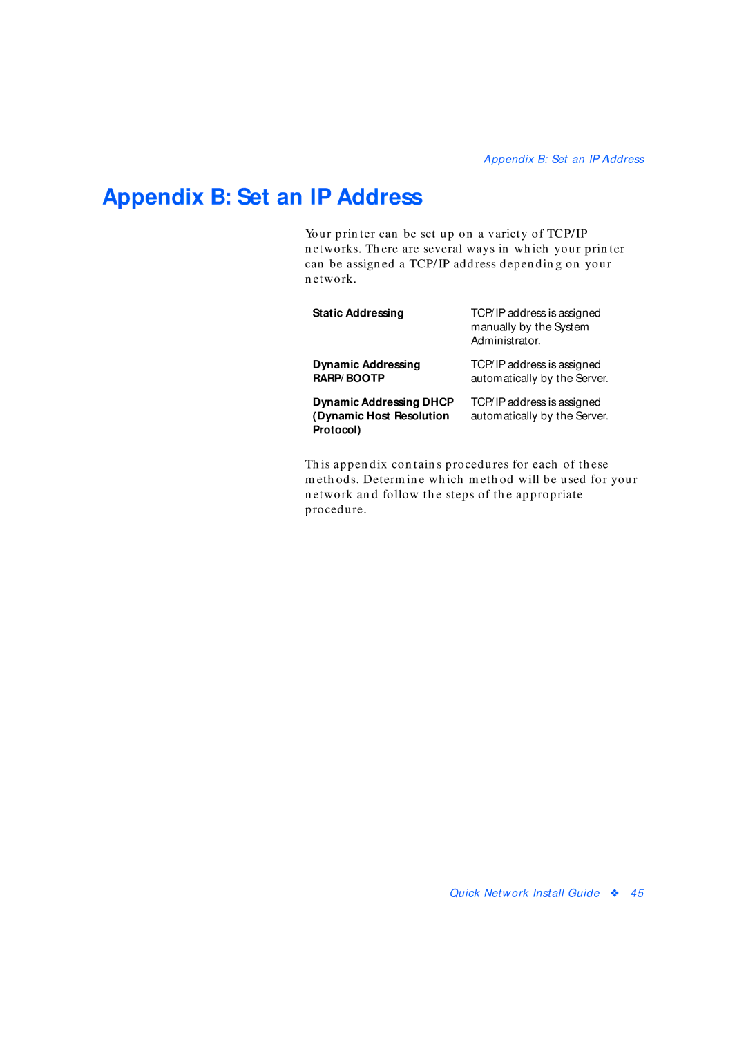 Xerox 3 manual Appendix B Set an IP Address, Rarp/Bootp 