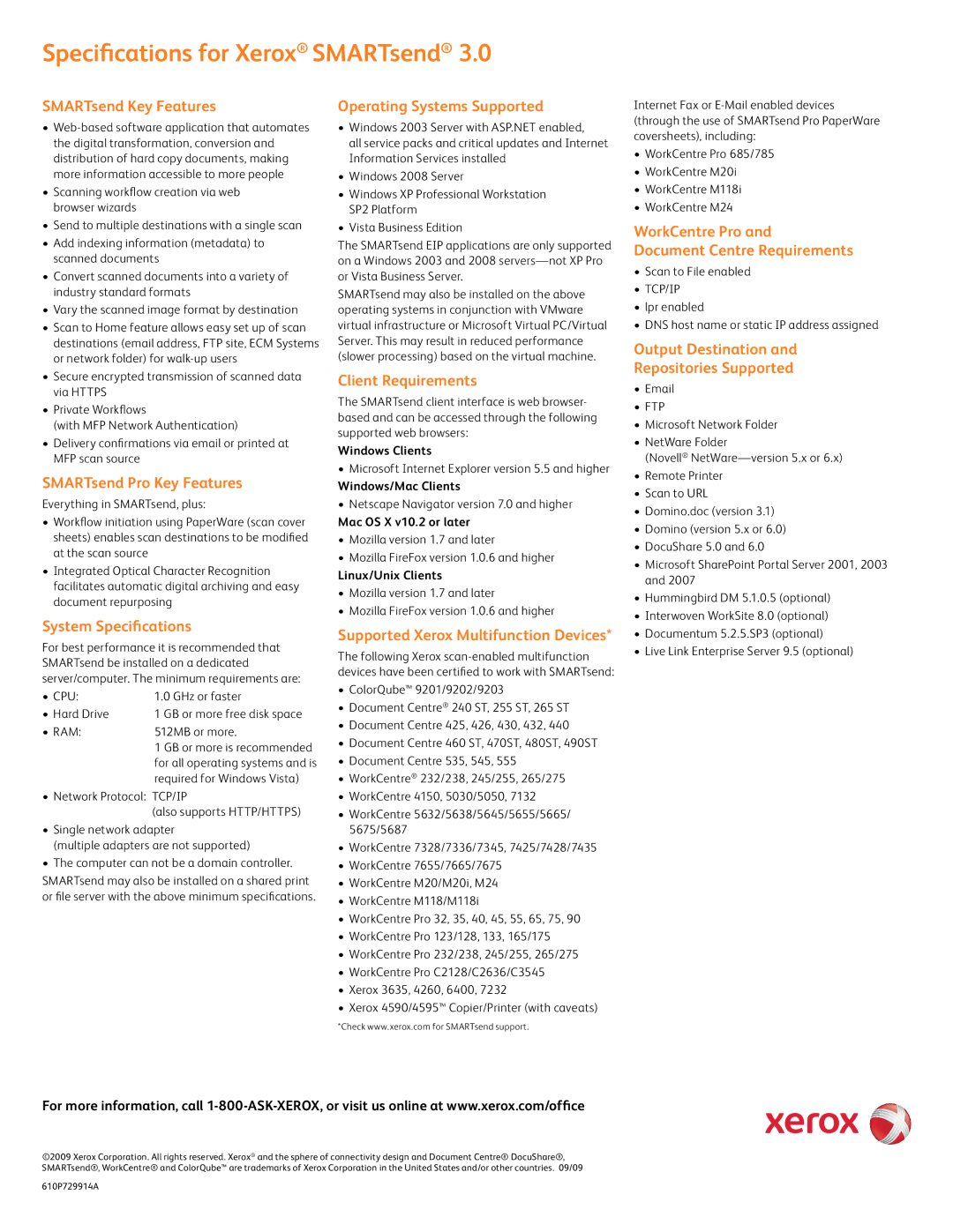 Xerox 3 brochure Specifications for Xerox SMARTsend 