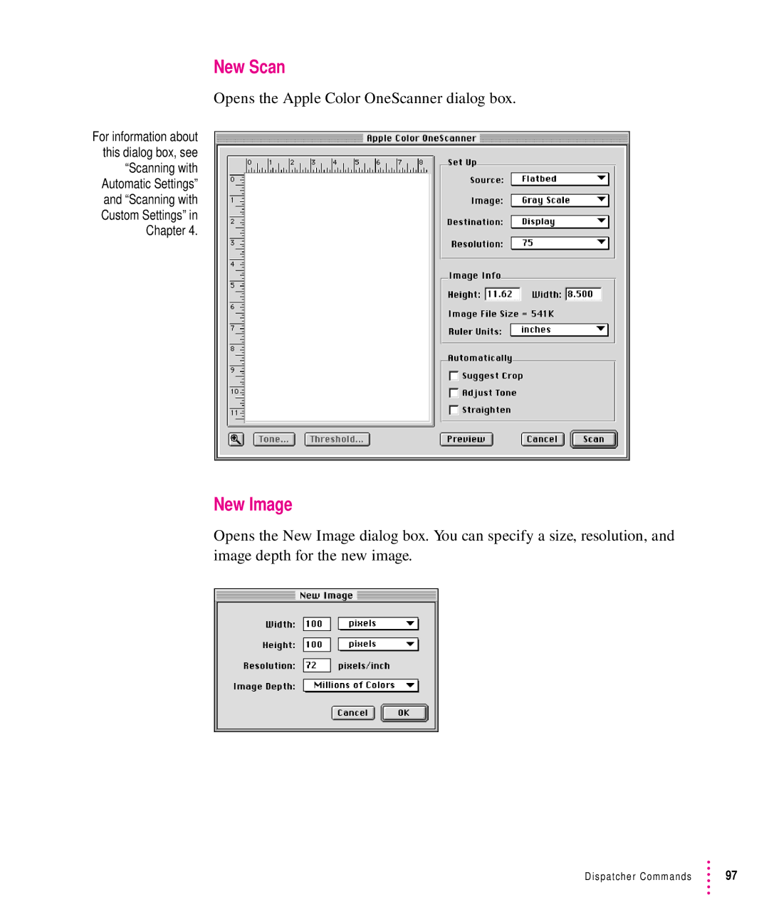 Xerox 1200, 30, 600, 27 user manual New Scan, New Image, Opens the Apple Color OneScanner dialog box 