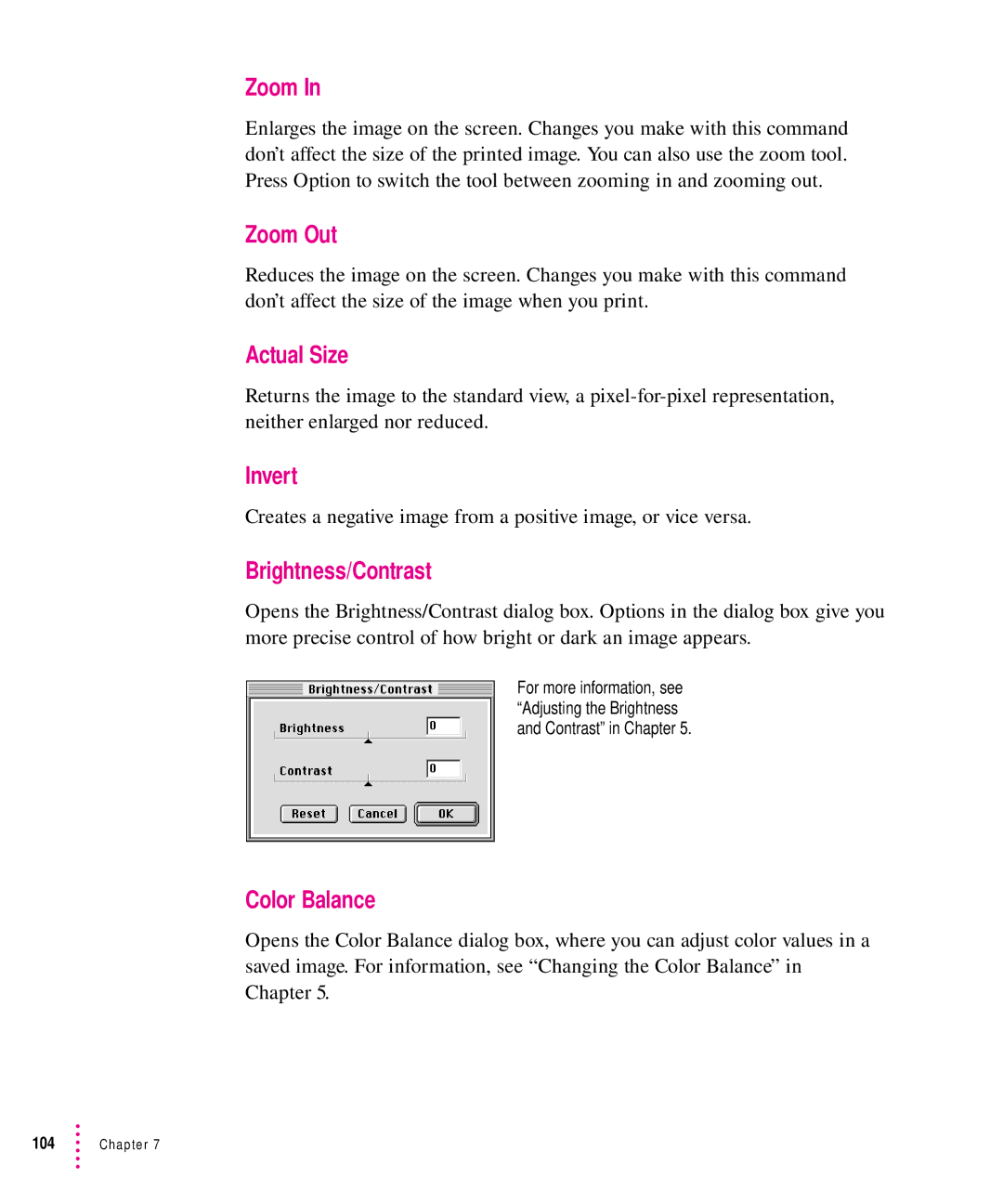 Xerox 30, 1200, 600, 27 user manual Zoom Out, Actual Size, Invert, Brightness/Contrast, Color Balance 