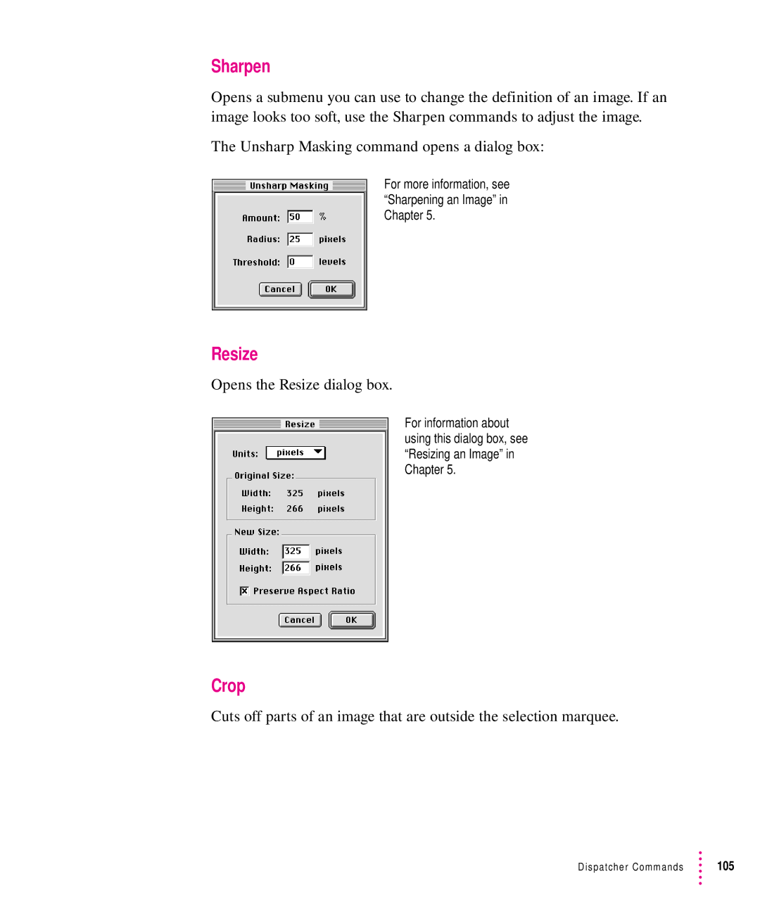 Xerox 1200, 30, 600, 27 user manual Sharpen, Crop, Opens the Resize dialog box 