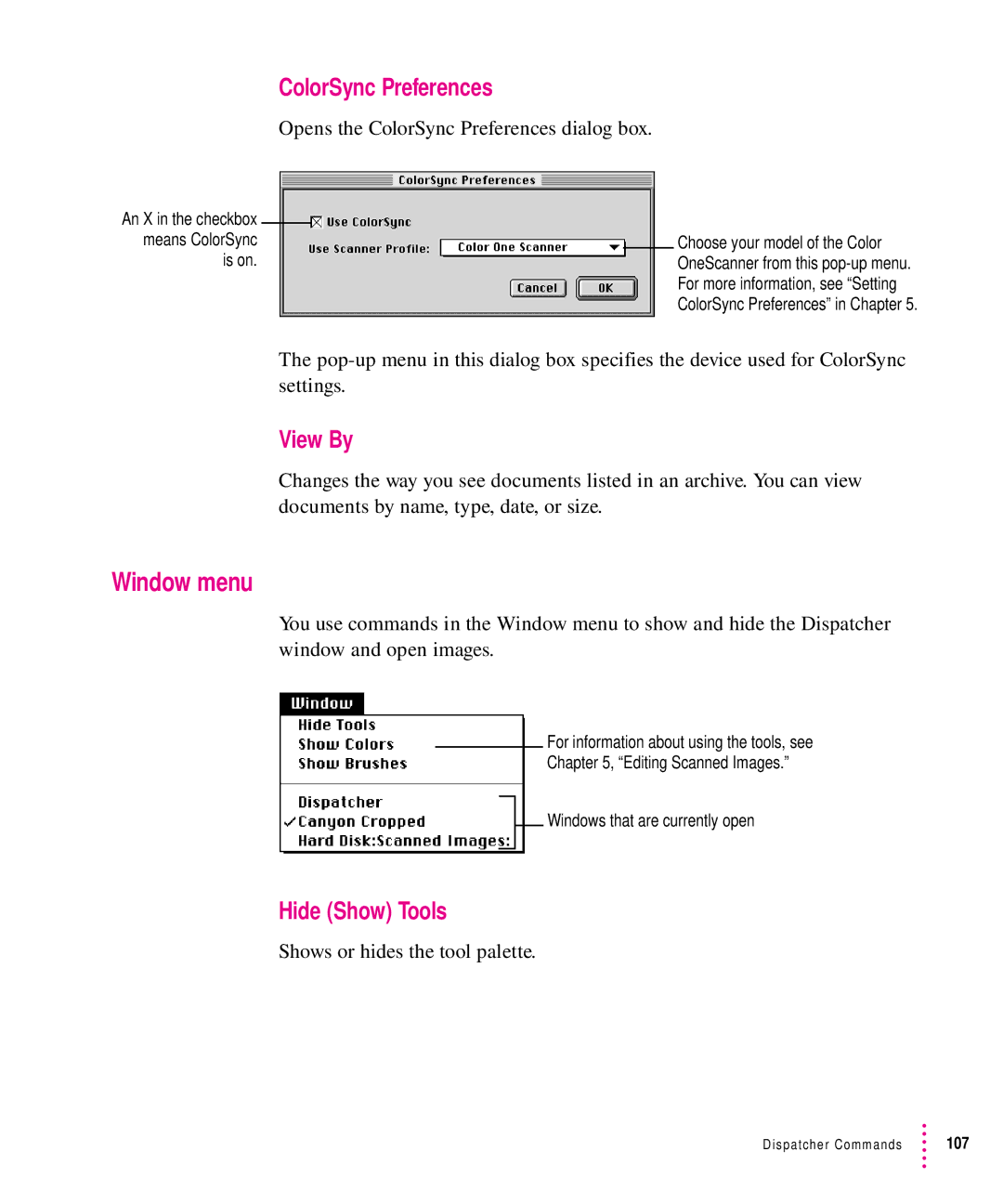 Xerox 27, 30, 1200, 600 user manual Window menu, ColorSync Preferences, View By, Hide Show Tools 