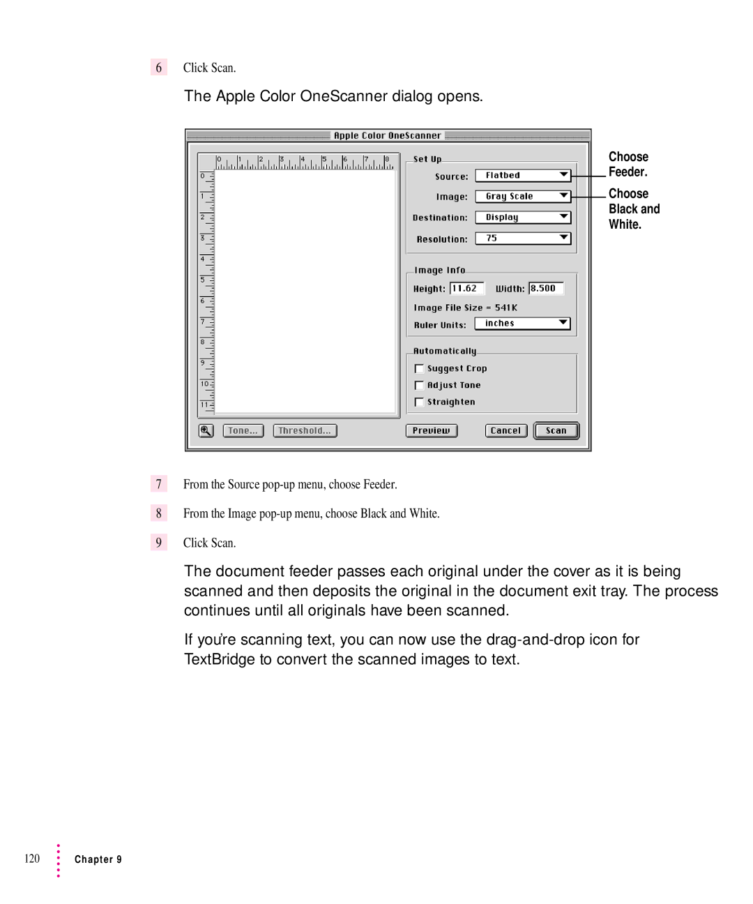 Xerox 30, 1200, 600, 27 user manual Apple Color OneScanner dialog opens 