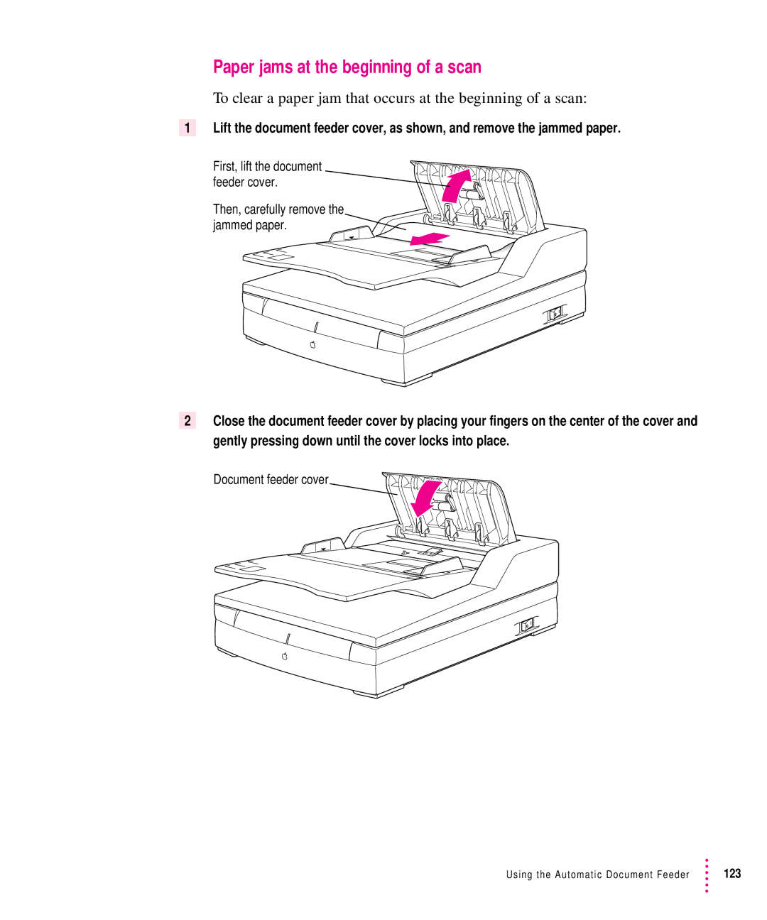 Xerox 27, 30, 1200, 600 Paper jams at the beginning of a scan, To clear a paper jam that occurs at the beginning of a scan 