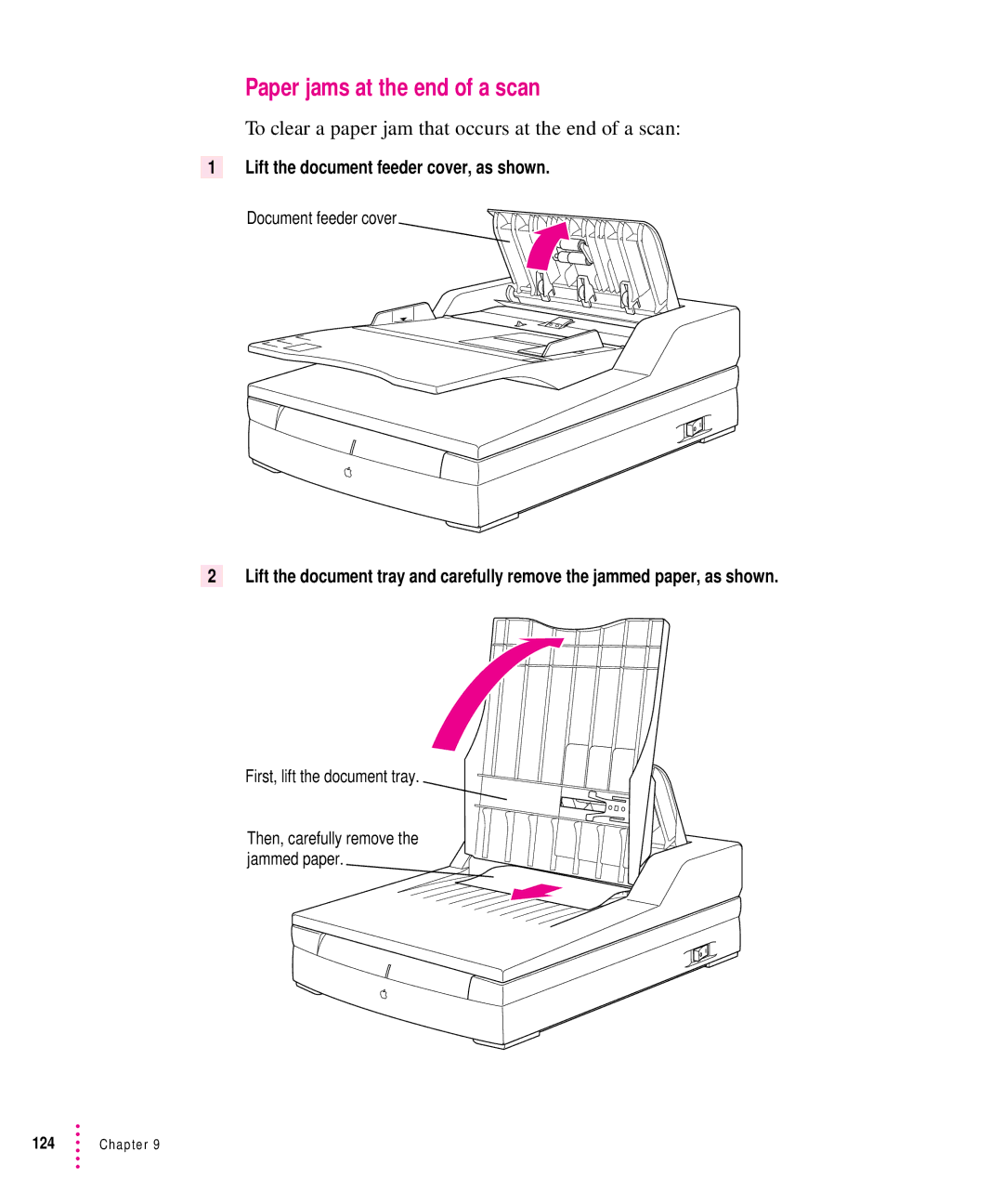 Xerox 30, 1200, 600, 27 user manual Paper jams at the end of a scan, To clear a paper jam that occurs at the end of a scan 