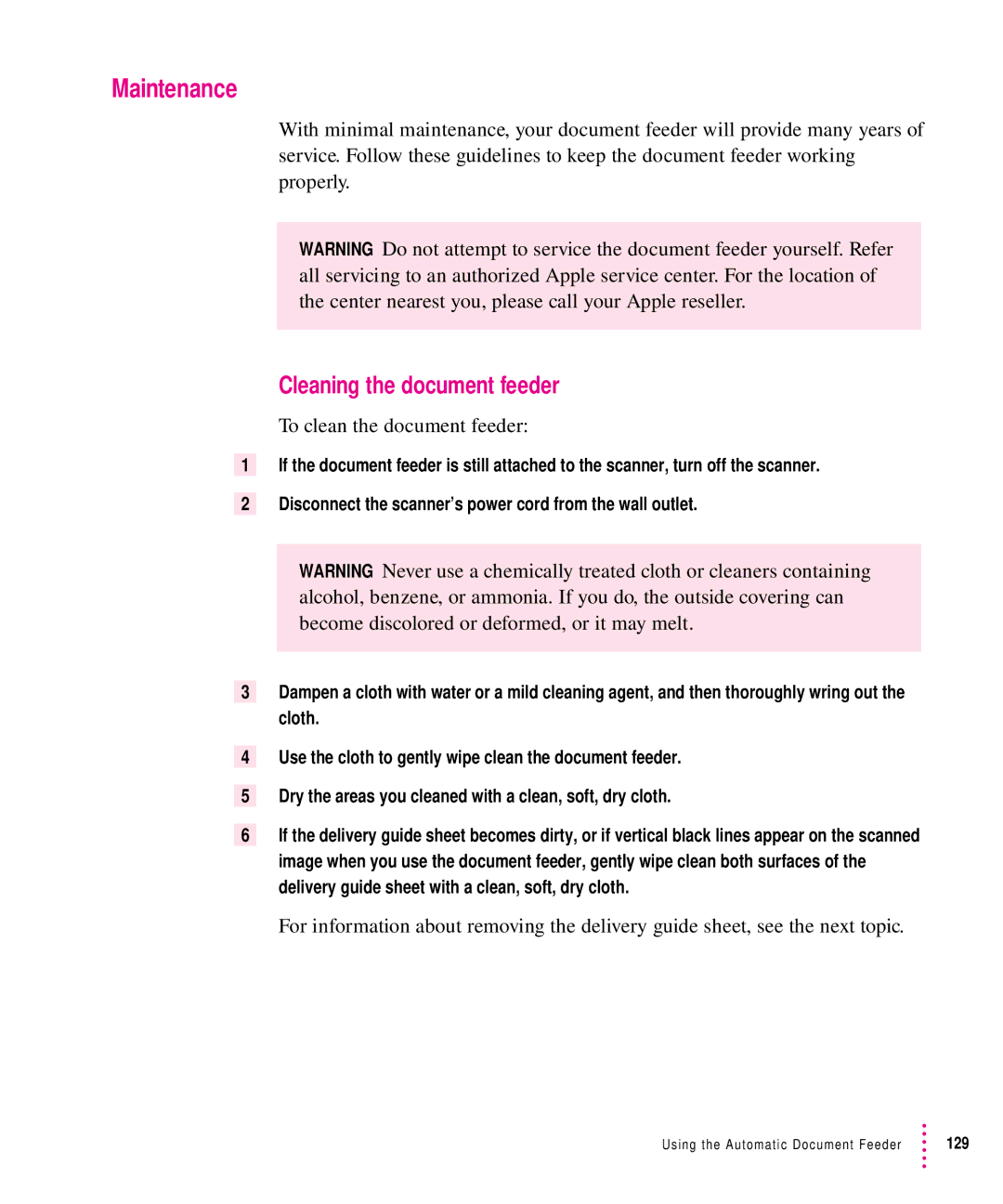 Xerox 1200, 30, 600, 27 user manual Maintenance, Cleaning the document feeder, To clean the document feeder 