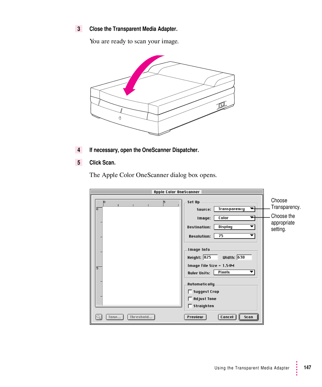 Xerox 27, 30, 1200, 600 user manual You are ready to scan your image, Apple Color OneScanner dialog box opens 