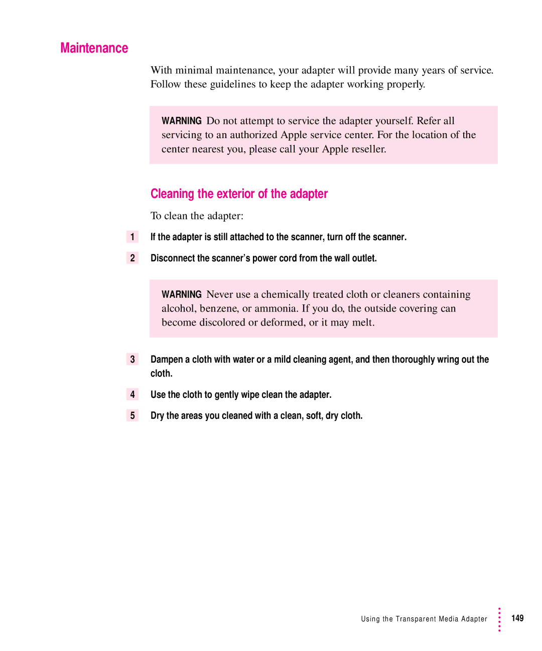 Xerox 1200, 30, 600, 27 user manual Cleaning the exterior of the adapter, To clean the adapter 