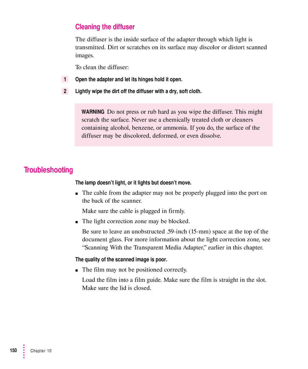 Xerox 600, 30, 1200, 27 user manual Troubleshooting, Cleaning the diffuser 