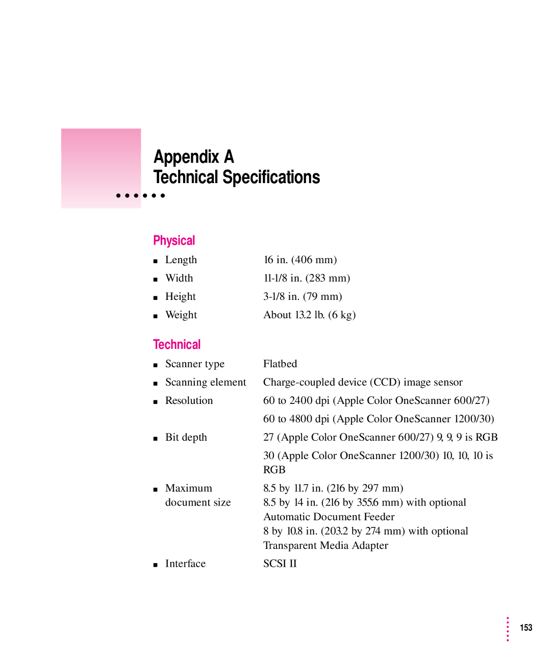 Xerox 1200, 30, 600, 27 user manual Appendix a Technical Specifications, Physical, Length Width 11-1/8 in mm Height Weight 