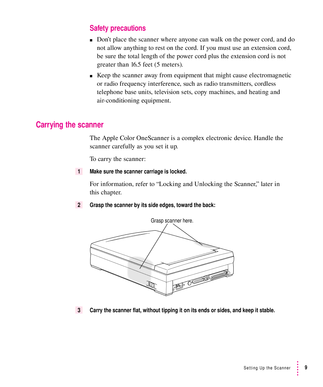 Xerox 1200, 30, 600, 27 user manual Carrying the scanner, Safety precautions 