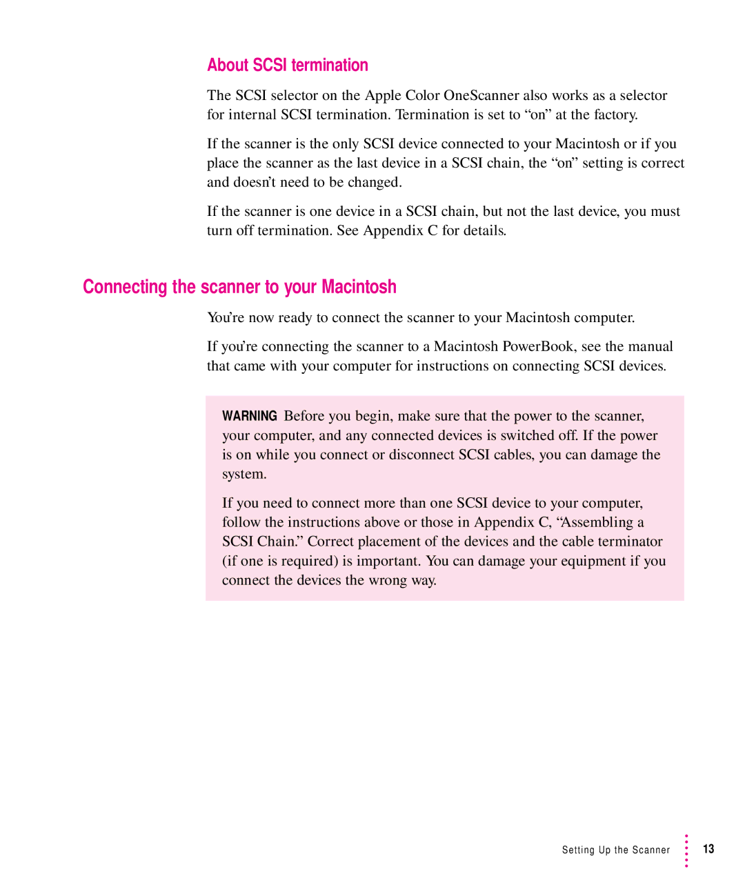 Xerox 1200, 30, 600, 27 user manual Connecting the scanner to your Macintosh, About Scsi termination 