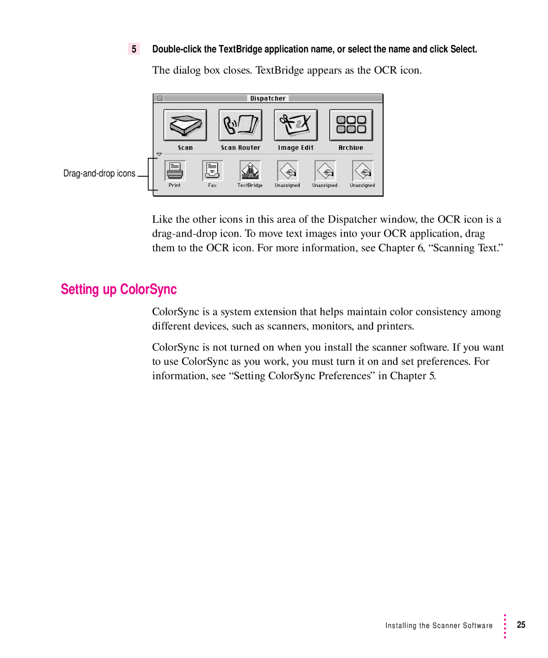 Xerox 1200, 30, 600, 27 user manual Setting up ColorSync, Dialog box closes. TextBridge appears as the OCR icon 