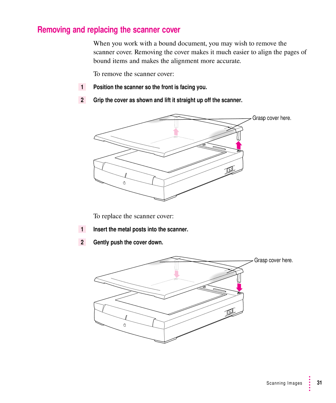 Xerox 27, 30, 1200, 600 user manual Removing and replacing the scanner cover, To replace the scanner cover 