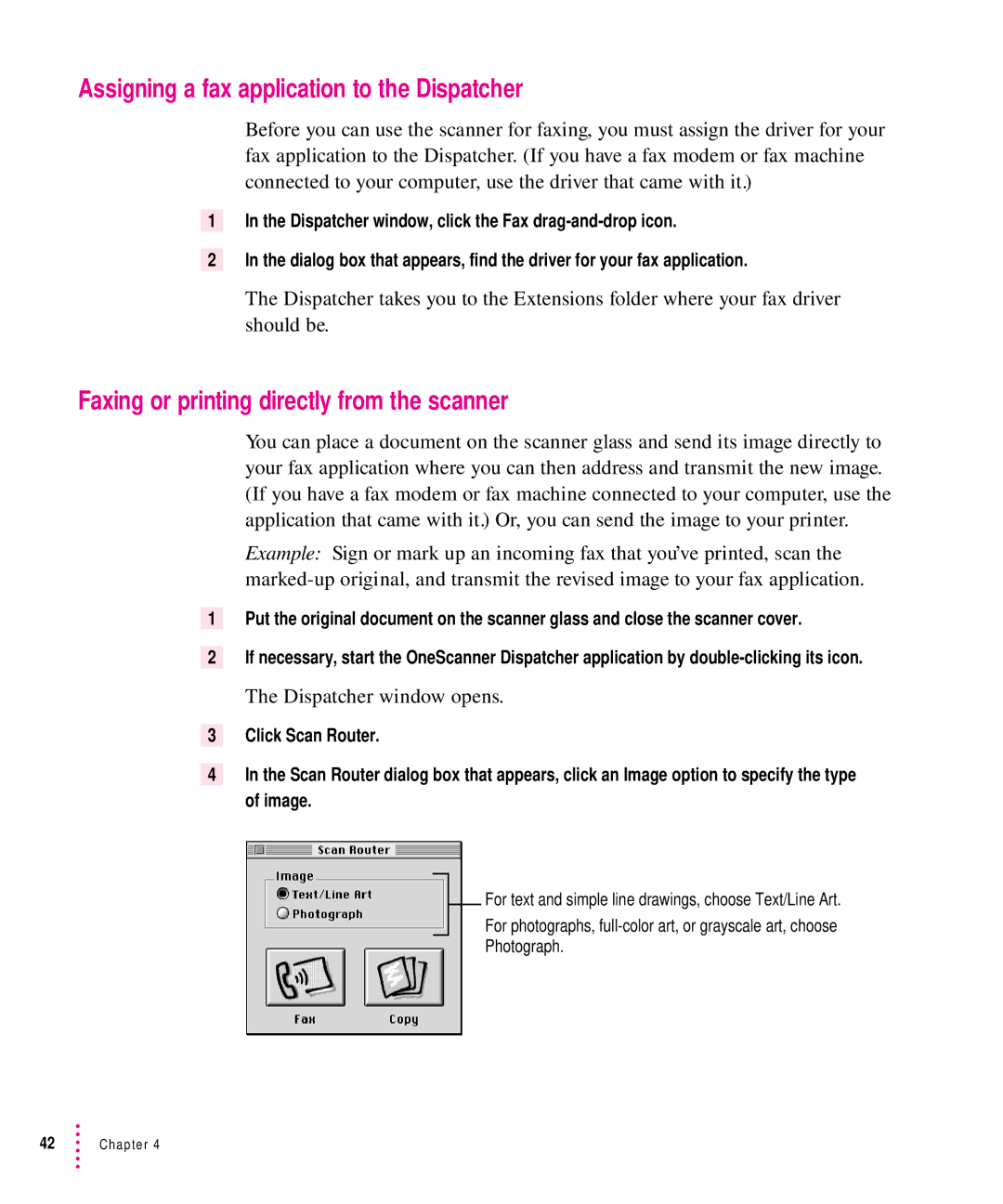 Xerox 600, 30, 1200, 27 Assigning a fax application to the Dispatcher, Faxing or printing directly from the scanner 