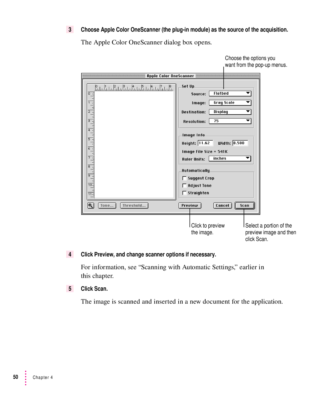 Xerox 600, 30, 1200, 27 user manual Apple Color OneScanner dialog box opens 