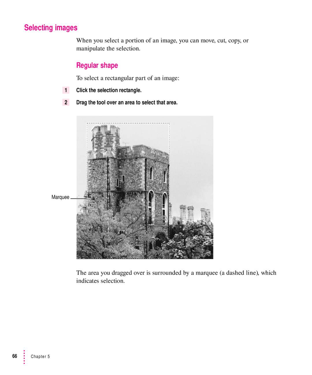 Xerox 600, 30, 1200, 27 user manual Selecting images, Regular shape, To select a rectangular part of an image 