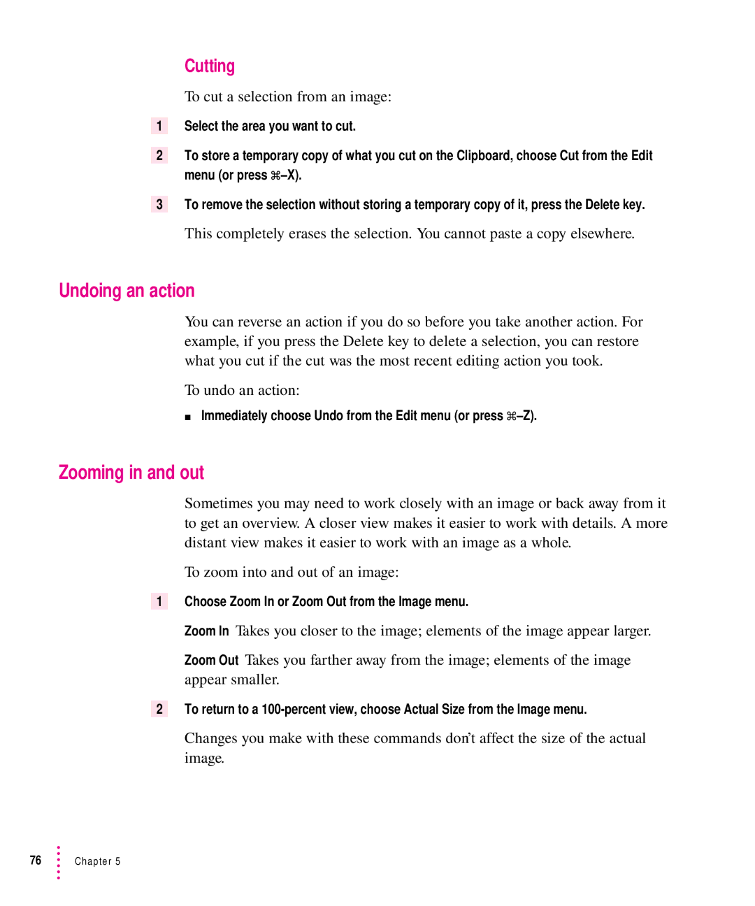 Xerox 30, 1200, 600, 27 user manual Undoing an action, Zooming in and out, Cutting, To cut a selection from an image 