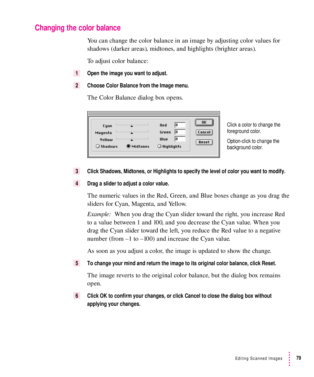 Xerox 27, 30, 1200, 600 user manual Changing the color balance, Color Balance dialog box opens 