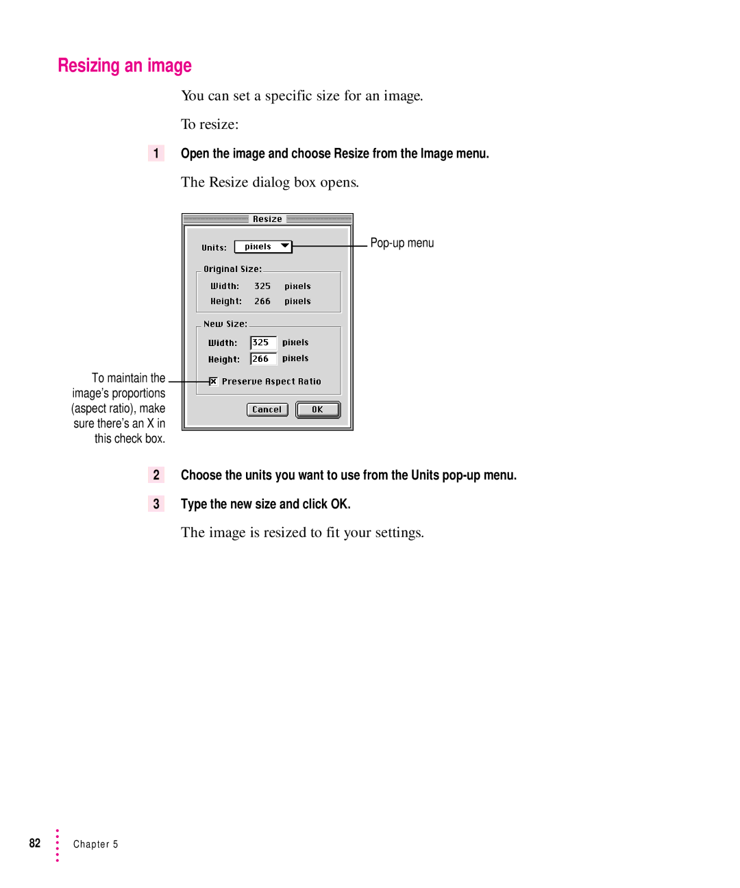 Xerox 600, 30, 1200, 27 Resizing an image, You can set a specific size for an image To resize, Resize dialog box opens 