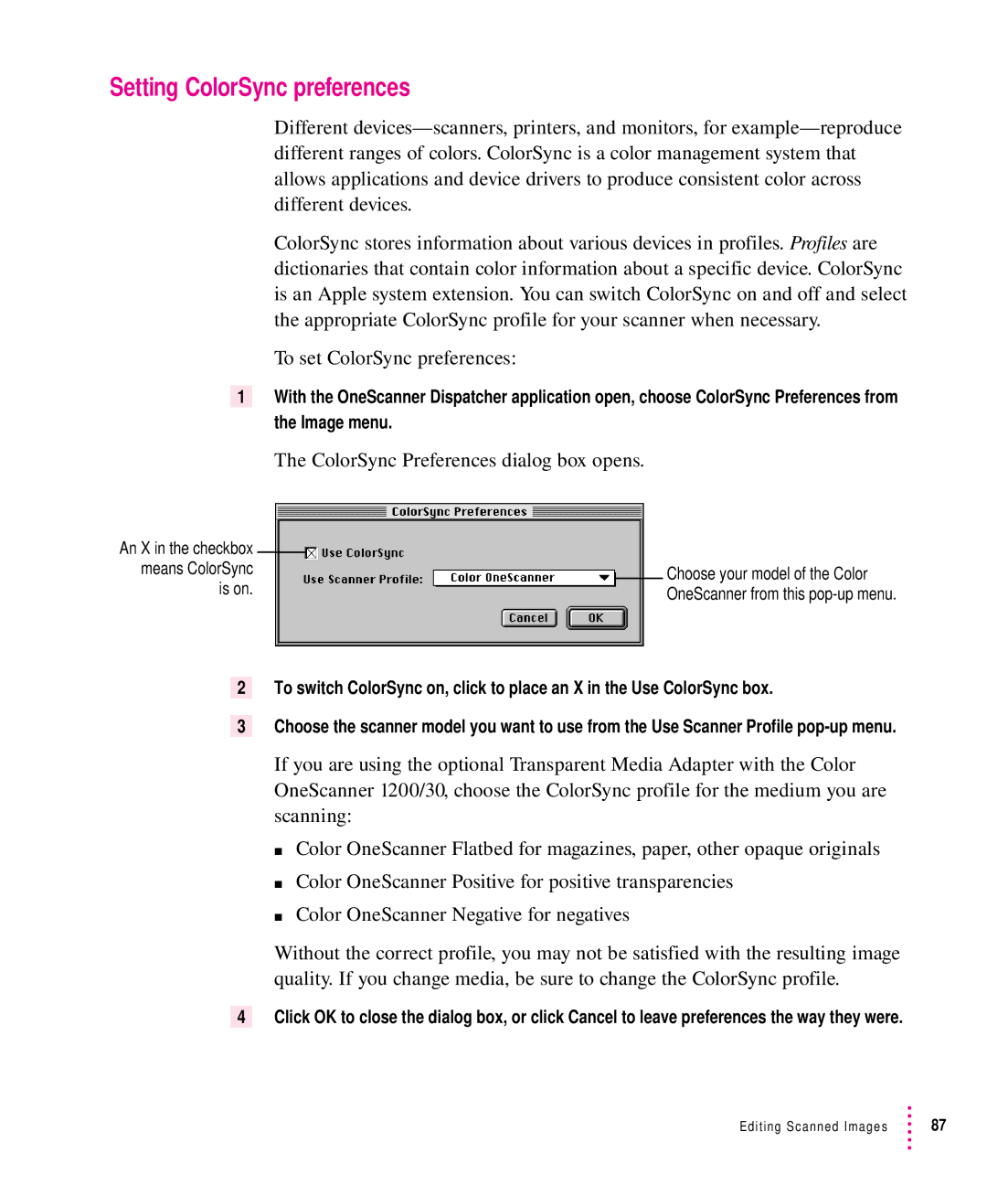 Xerox 27, 30, 1200, 600 user manual Setting ColorSync preferences, ColorSync Preferences dialog box opens 