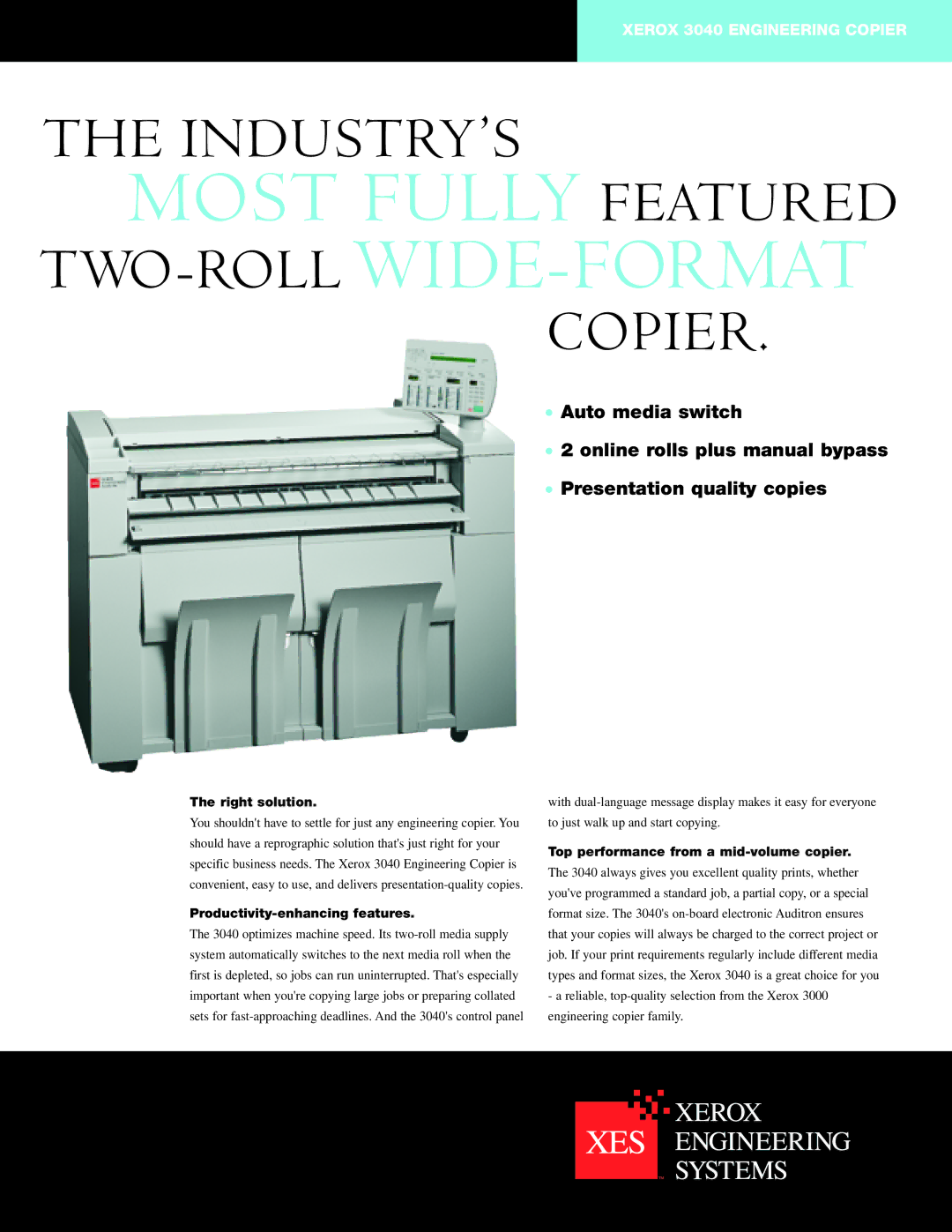 Xerox 3040 manual Right solution, Productivity-enhancing features, Top performance from a mid-volume copier 