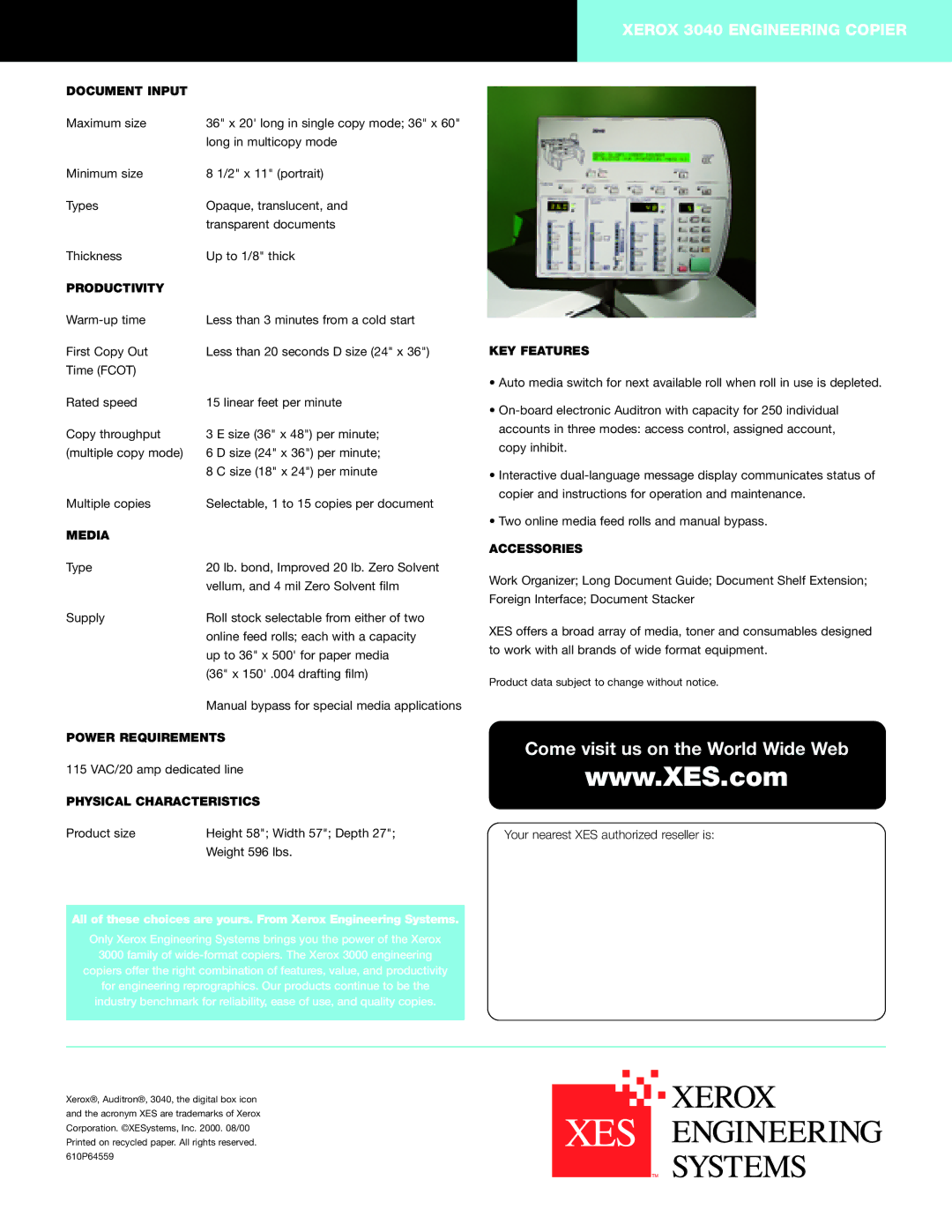 Xerox 3040 Document Input, Productivity, KEY Features, Media, Power Requirements, Accessories, Physical Characteristics 