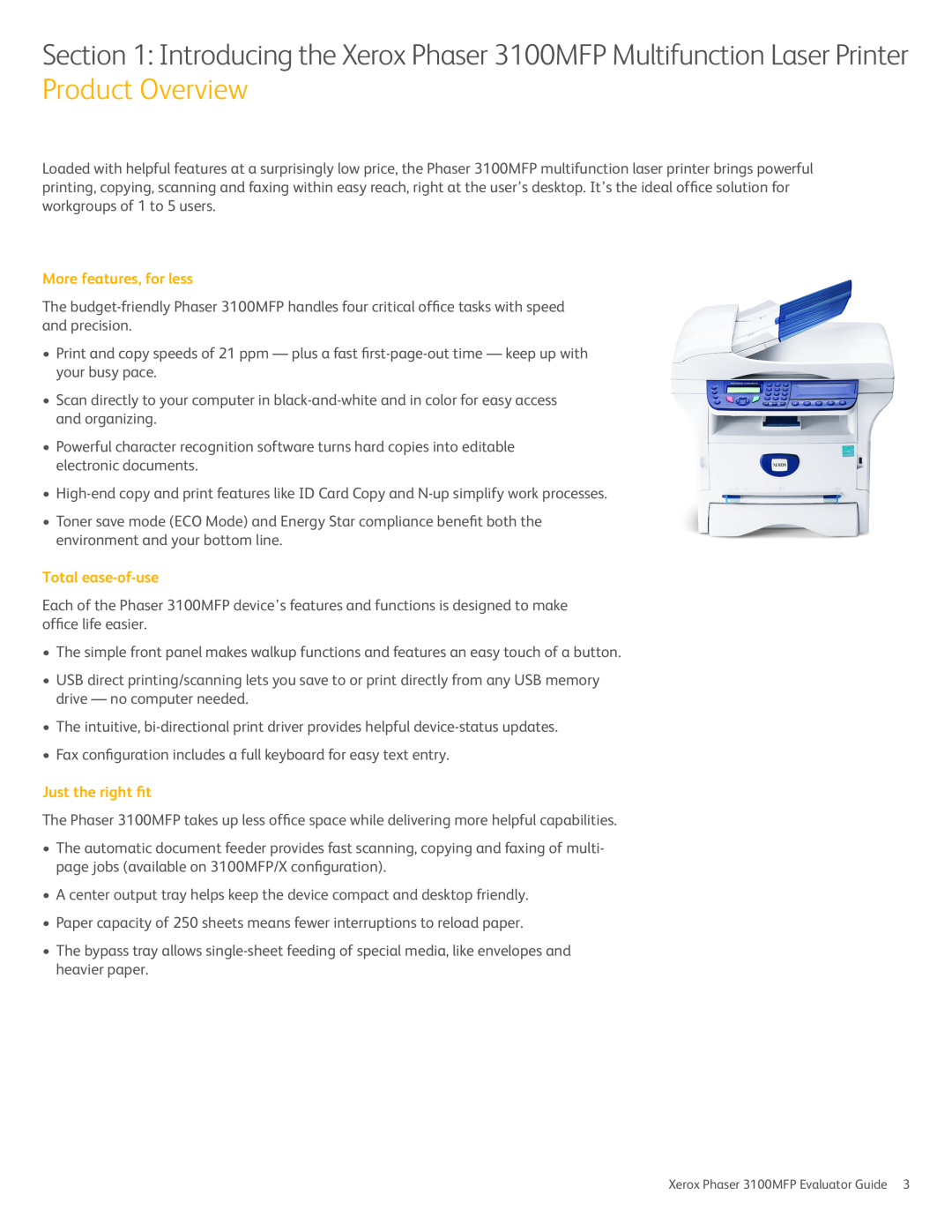 Xerox manual More features, for less, Total ease-of-use, Just the right fit, Xerox Phaser 3100MFP Evaluator Guide 