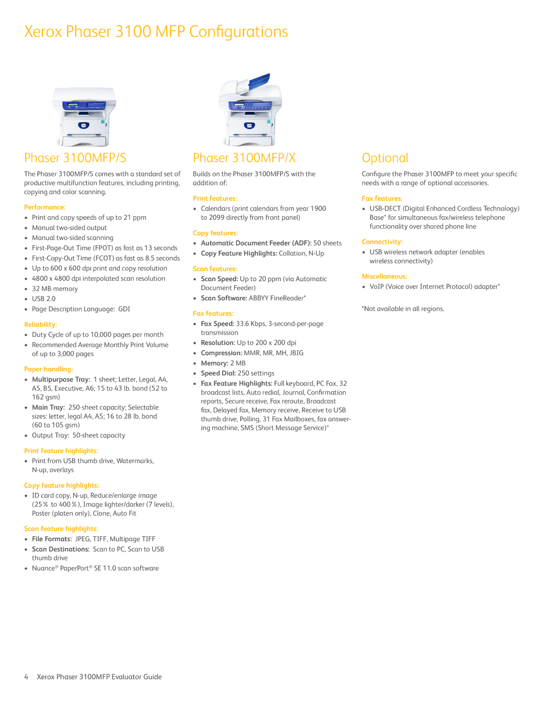 Xerox 3100MFP manual Xerox Phaser 3100 MFP Configurations, Phaser 3100mfp/s 