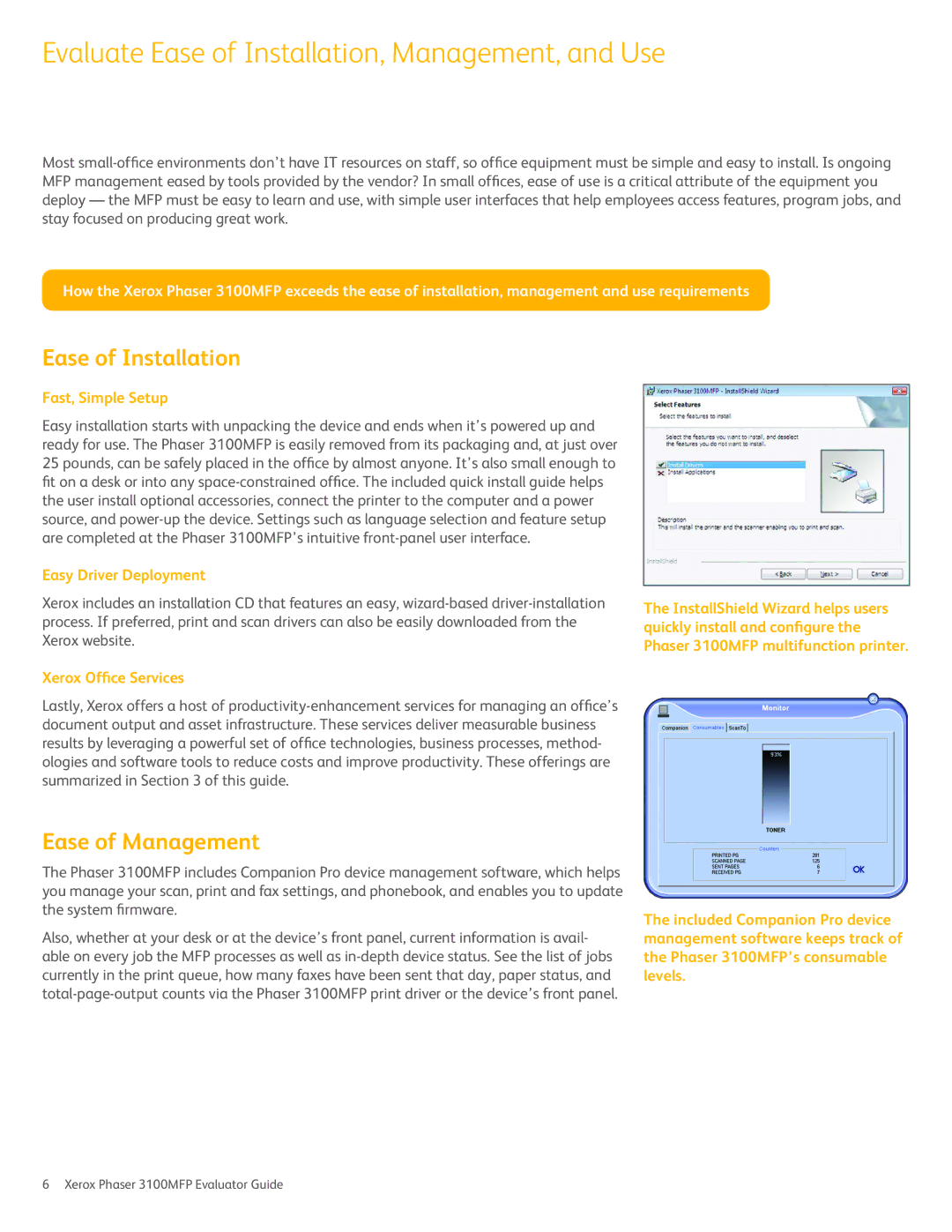 Xerox 3100MFP manual Evaluate Ease of Installation, Management, and Use, Fast, Simple Setup, Easy Driver Deployment 