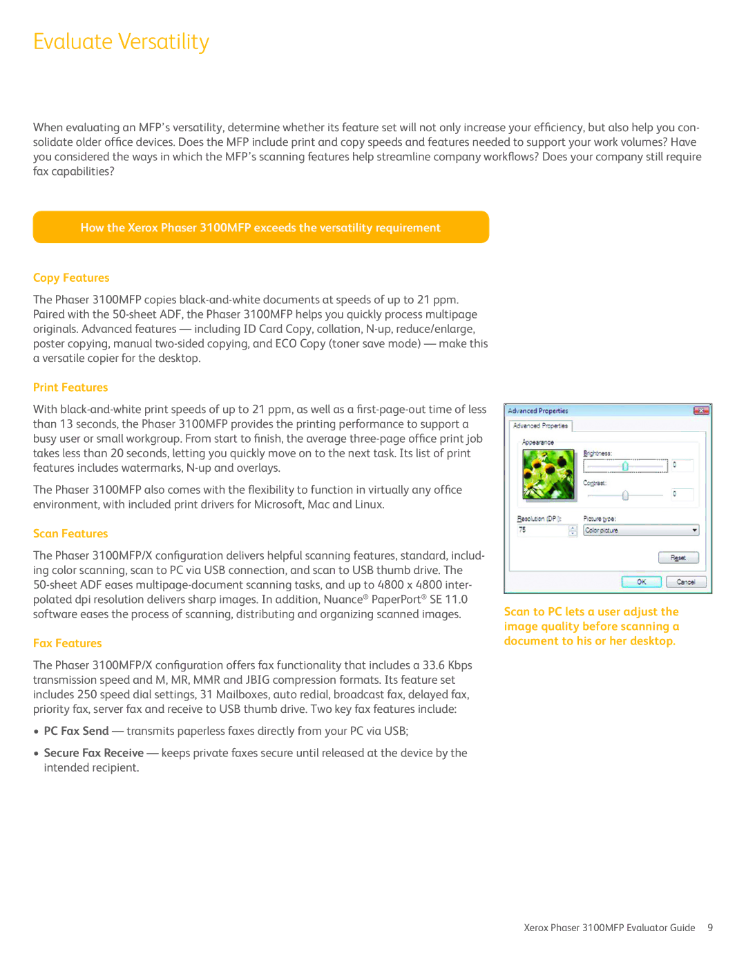 Xerox 3100MFP manual Evaluate Versatility, Copy Features, Print Features, Scan Features, Fax Features 