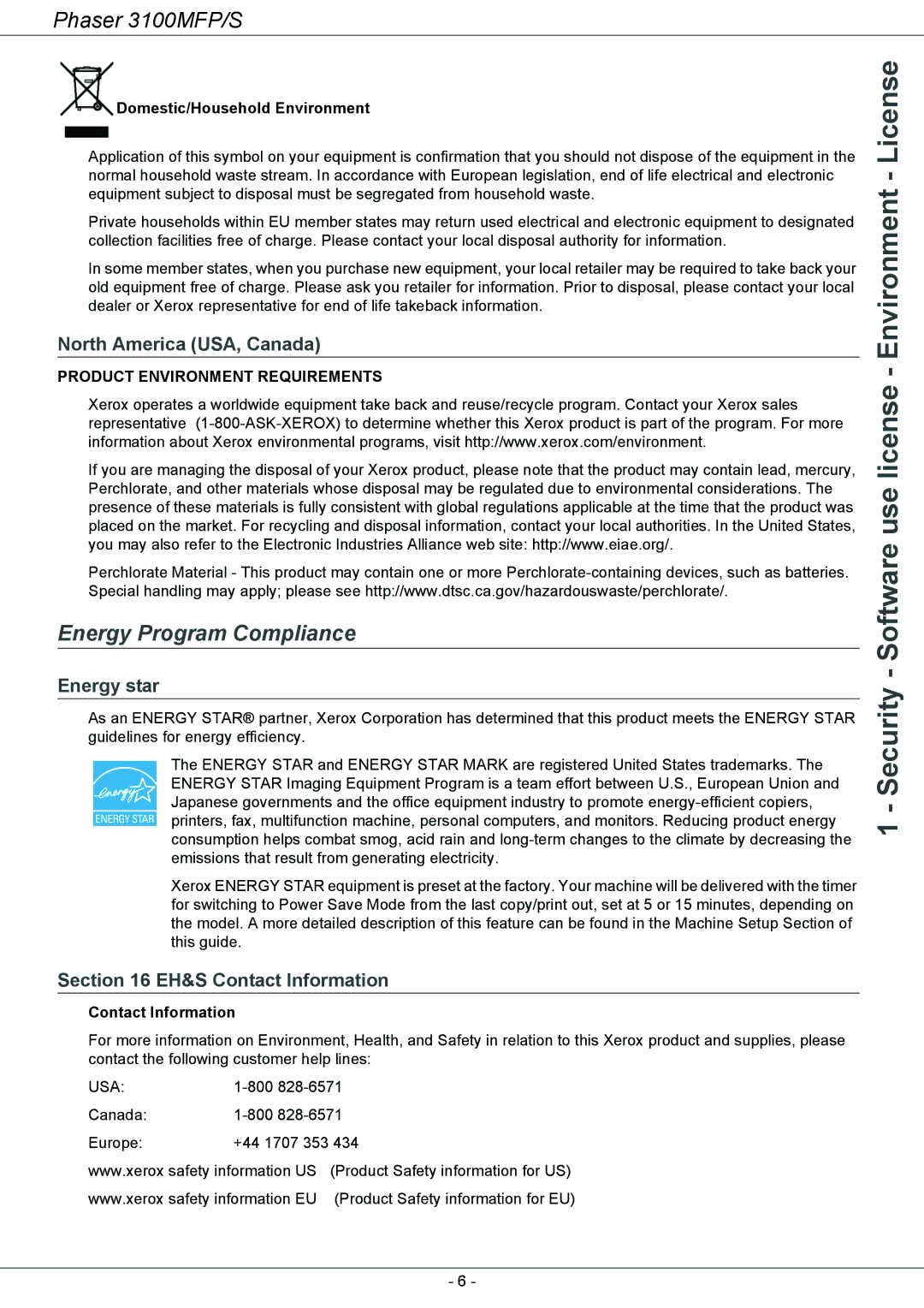 Xerox 3100MFP/S manual Energy Program Compliance, North America USA, Canada, Energy star, EH&S Contact Information 