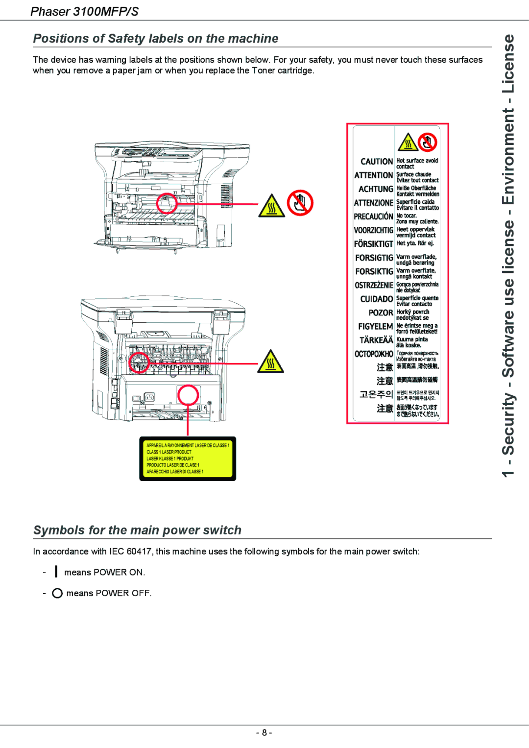 Xerox 3100MFP/S manual Positions of Safety labels on the machine, Symbols for the main power switch 