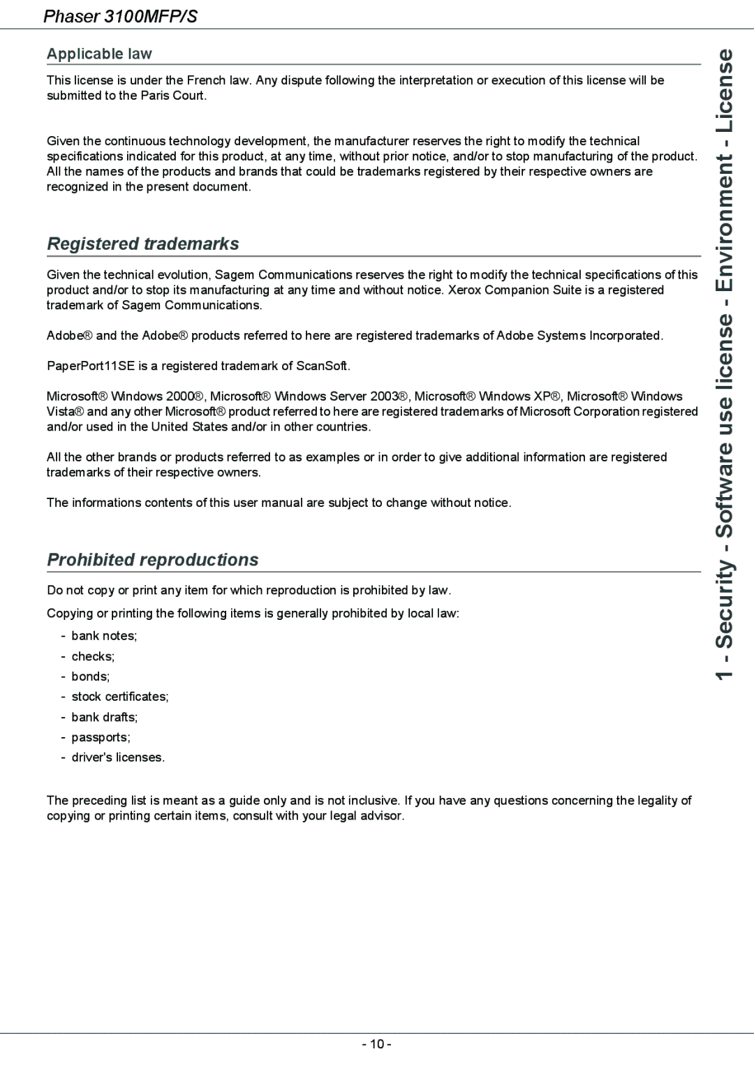 Xerox 3100MFP/S manual Registered trademarks, Prohibited reproductions, Applicable law 