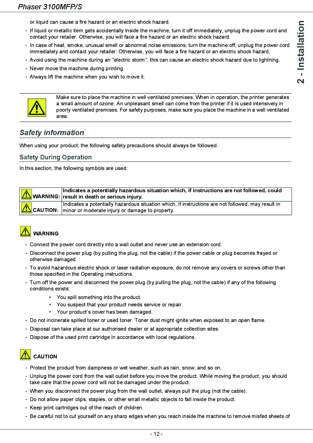 Xerox 3100MFP/S manual Safety information, Safety During Operation 