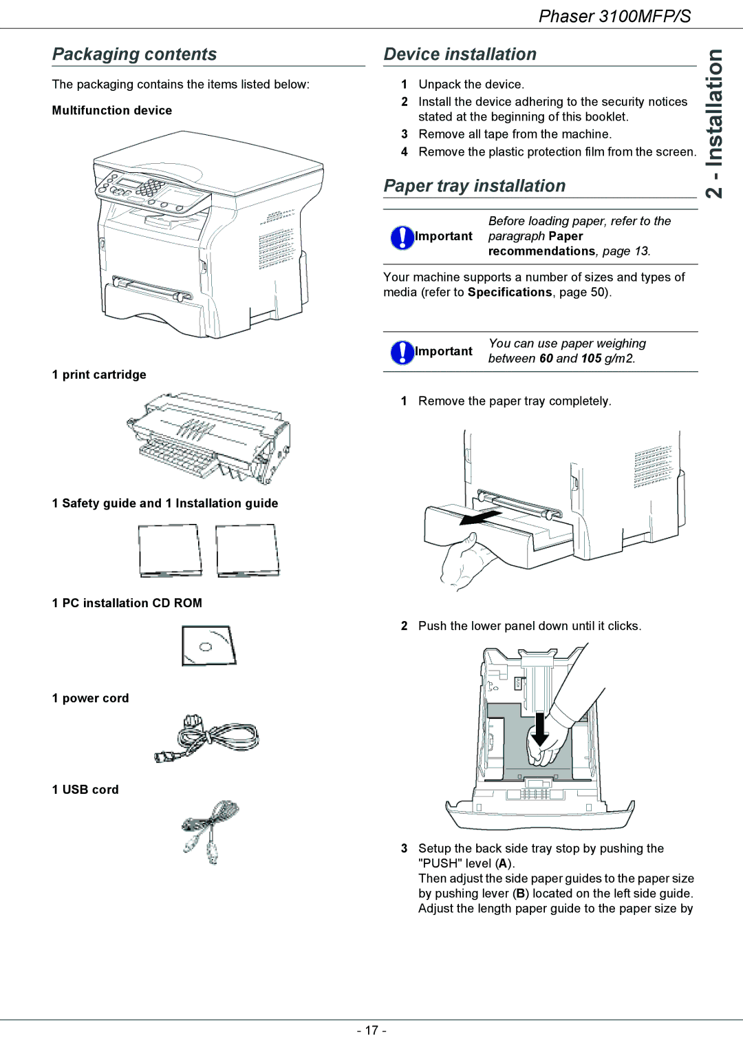 Xerox 3100MFP/S manual Packaging contents, Device installation, Paper tray installation 