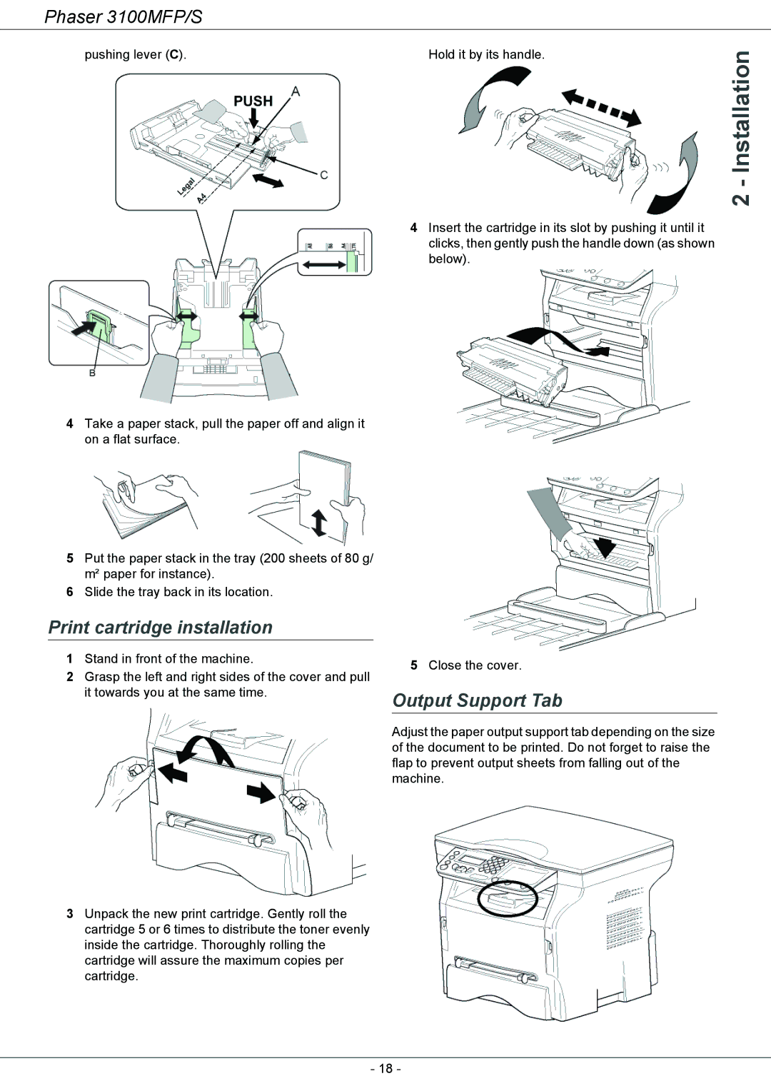 Xerox 3100MFP/S manual Print cartridge installation, Output Support Tab 