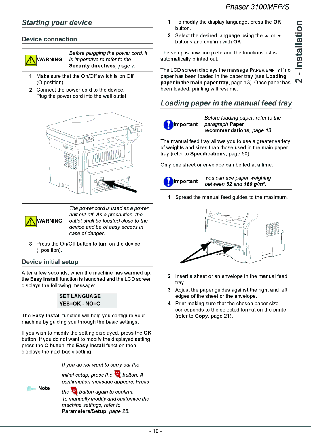 Xerox 3100MFP/S Starting your device, Loading paper in the manual feed tray, Device connection, Device initial setup 