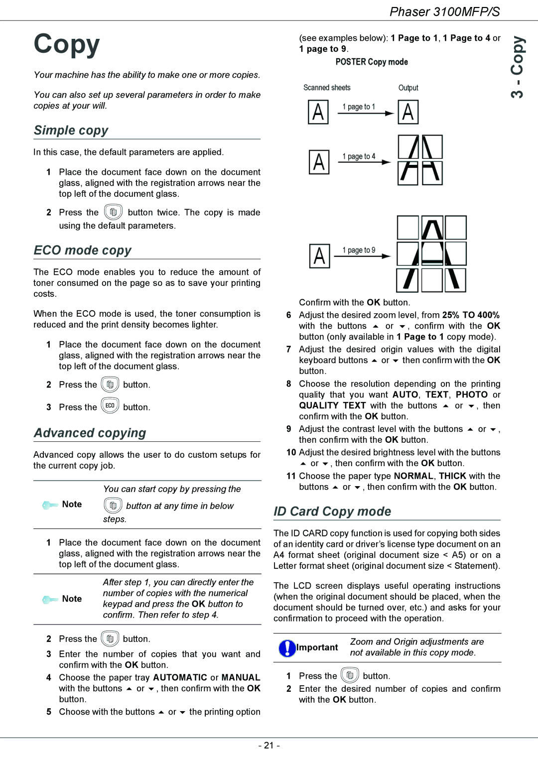 Xerox 3100MFP/S manual Simple copy, ECO mode copy, Advanced copying, ID Card Copy mode 