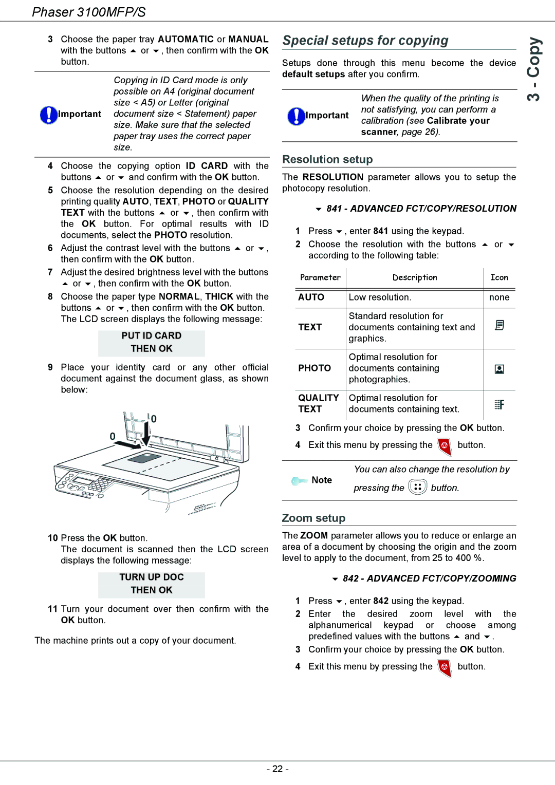 Xerox 3100MFP/S manual Special setups for copying, Resolution setup, Zoom setup, Advanced FCT/COPY/RESOLUTION 