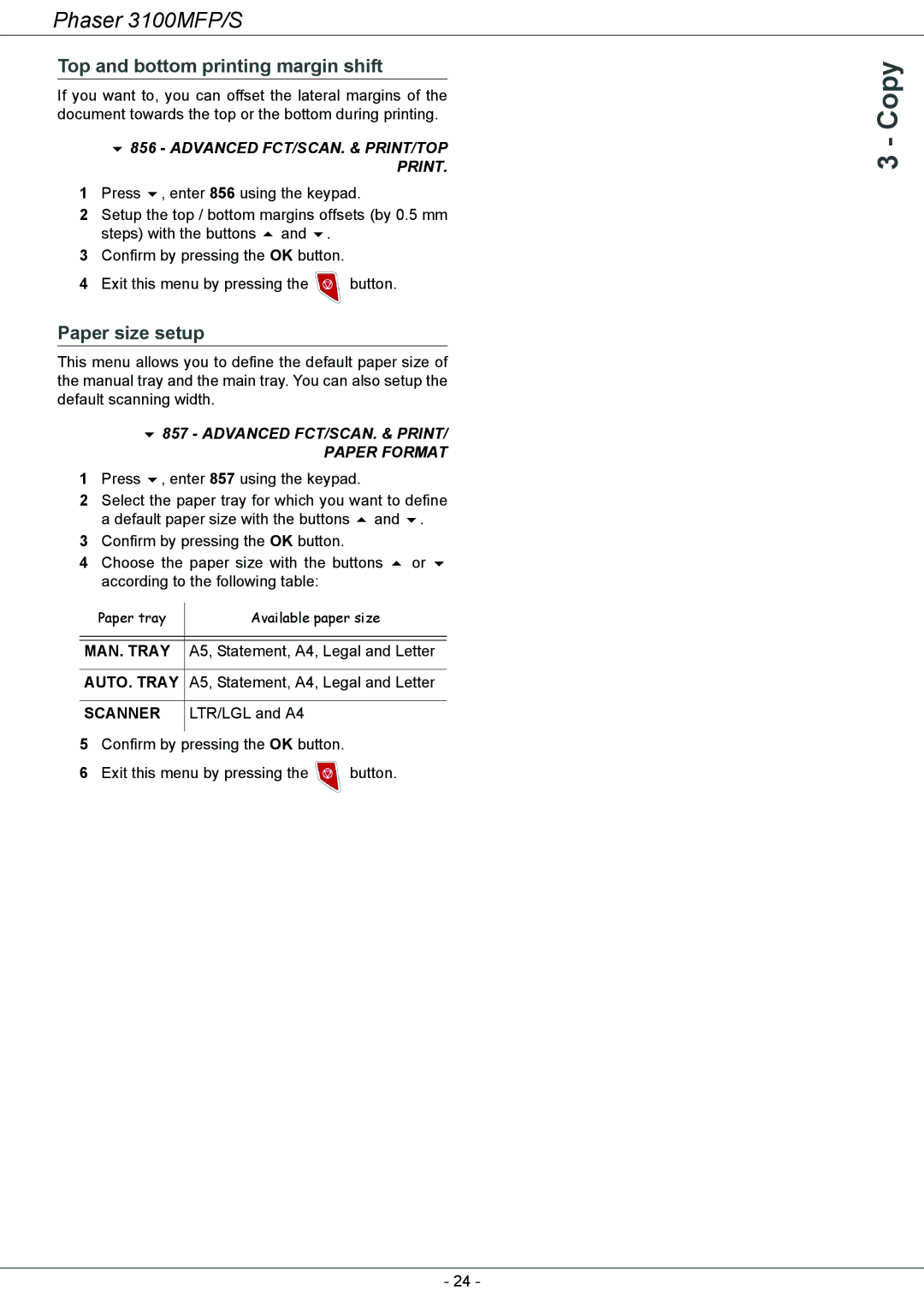 Xerox 3100MFP/S manual Top and bottom printing margin shift, Paper size setup, Advanced FCT/SCAN. & PRINT/TOP Print 