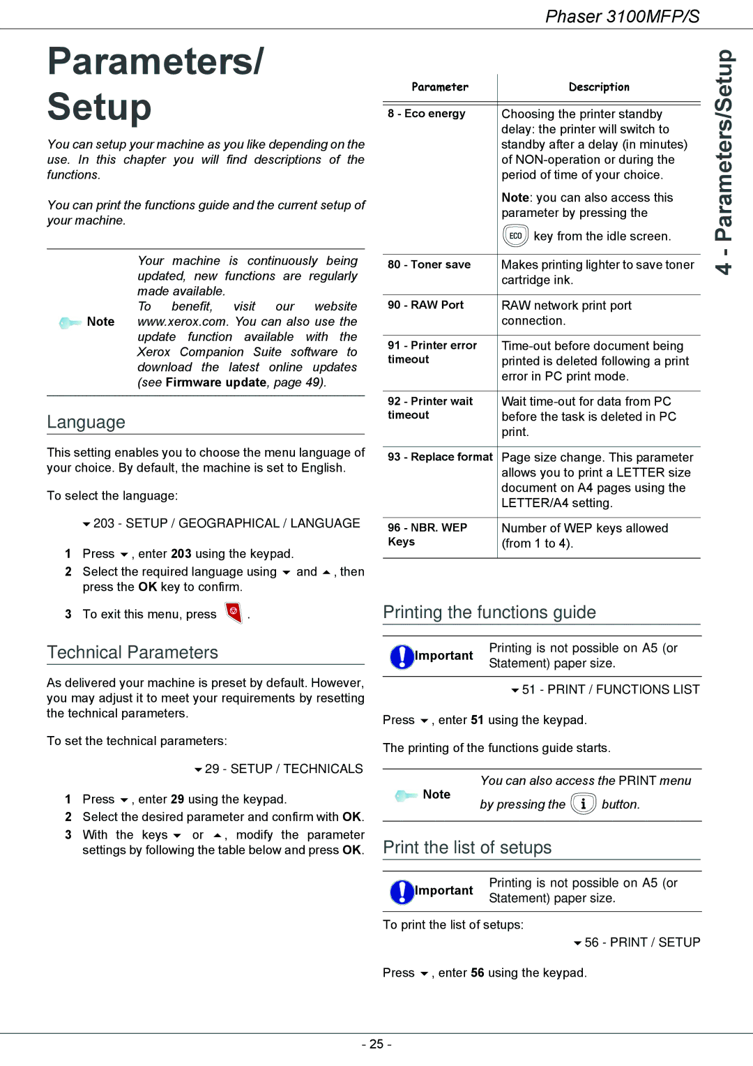 Xerox 3100MFP/S Parameters Setup, Language, Technical Parameters, Printing the functions guide, Print the list of setups 