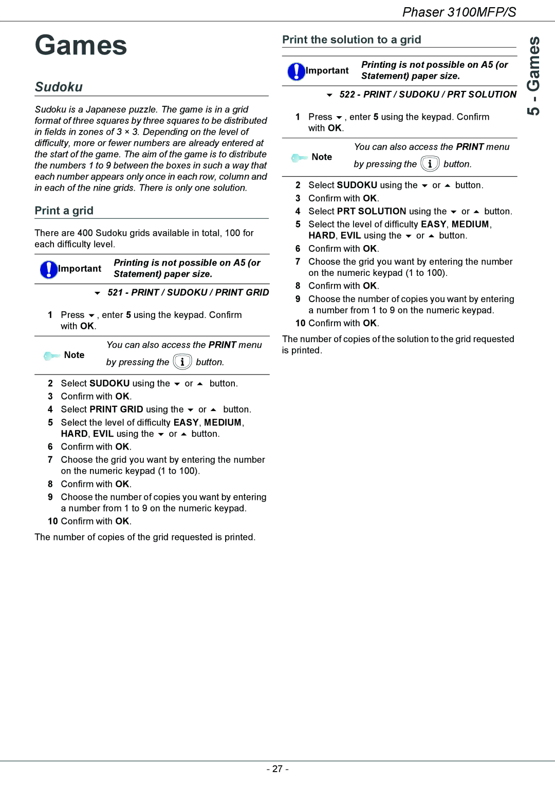 Xerox 3100MFP/S manual Games, Sudoku, Print a grid, Print the solution to a grid 