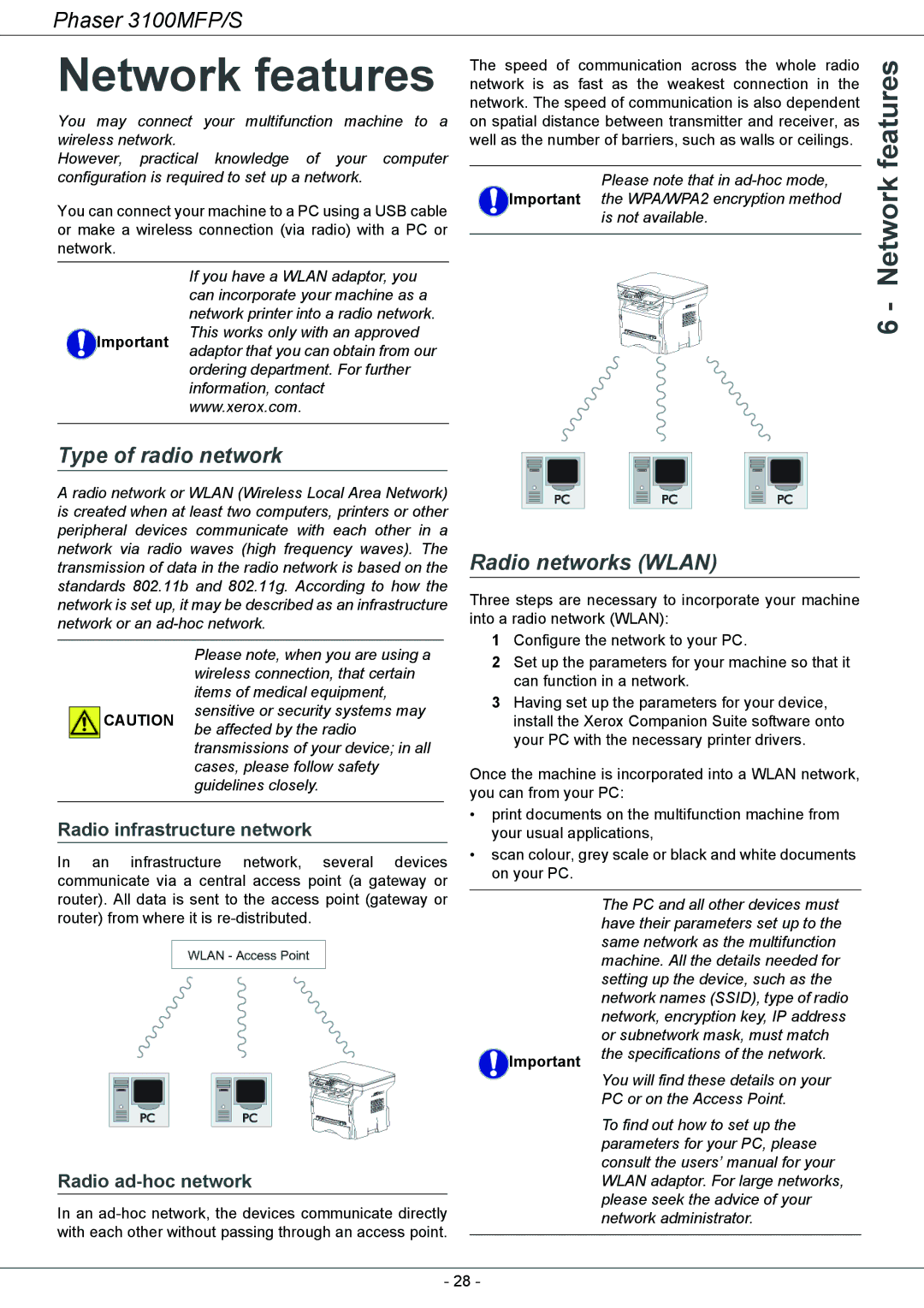 Xerox 3100MFP/S manual Network features, Type of radio network, Radio networks Wlan 