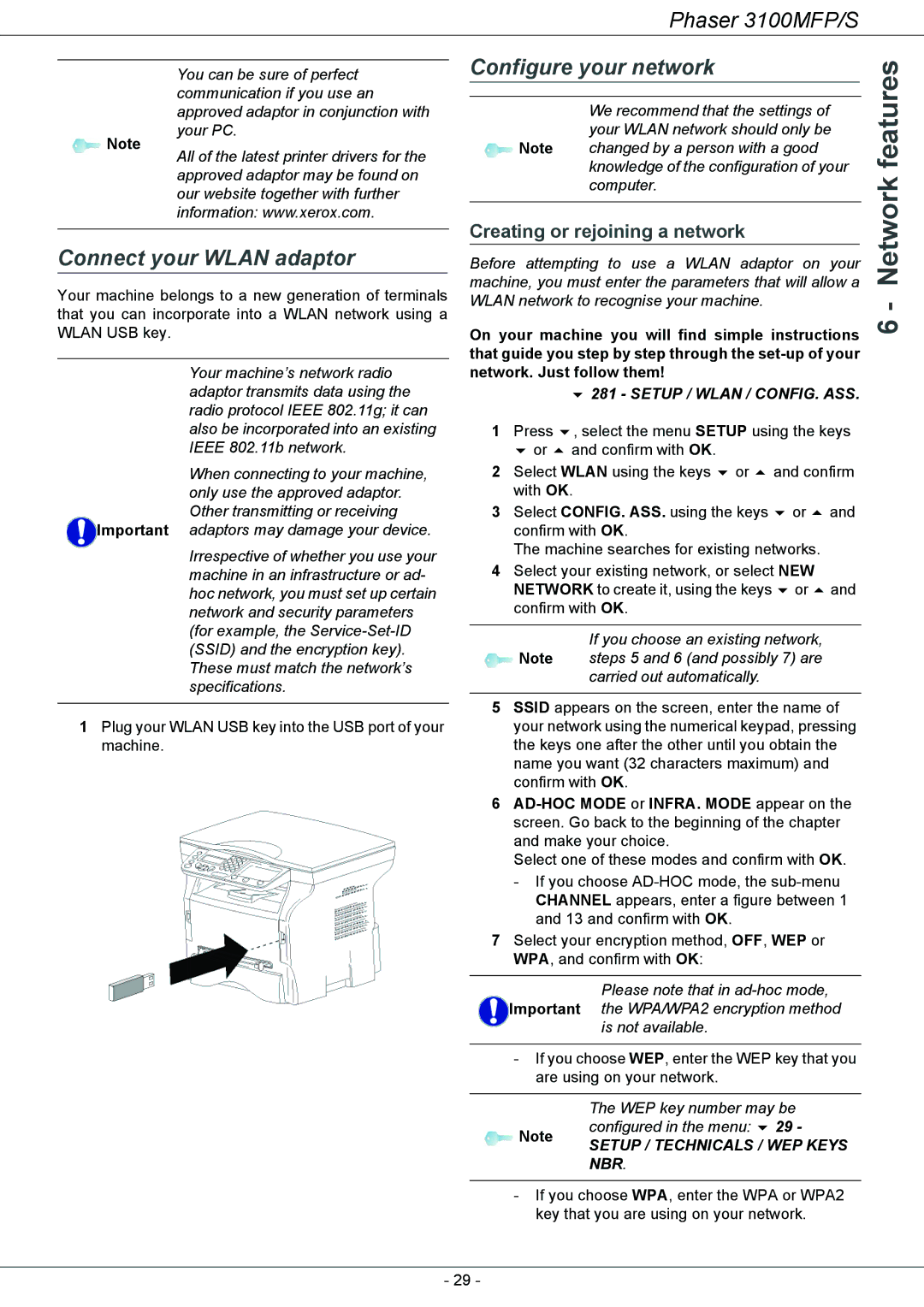 Xerox 3100MFP/S manual Connect your Wlan adaptor, Configure your network, Creating or rejoining a network 