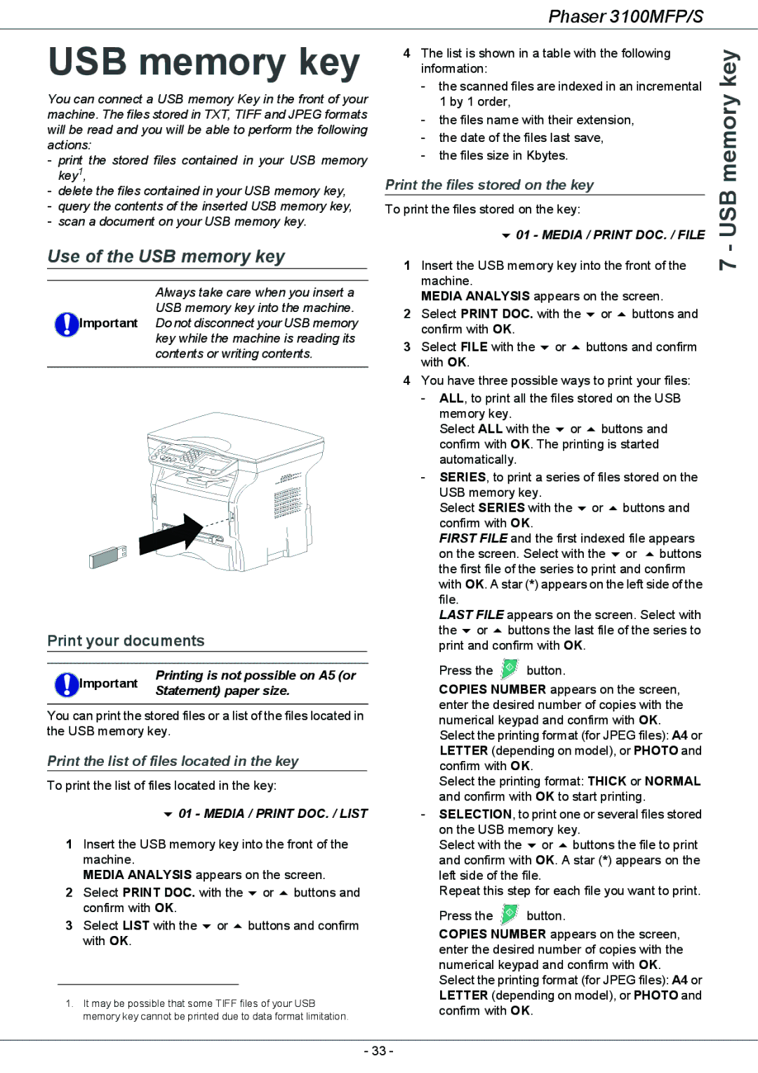 Xerox 3100MFP/S manual Use of the USB memory key, Print your documents 